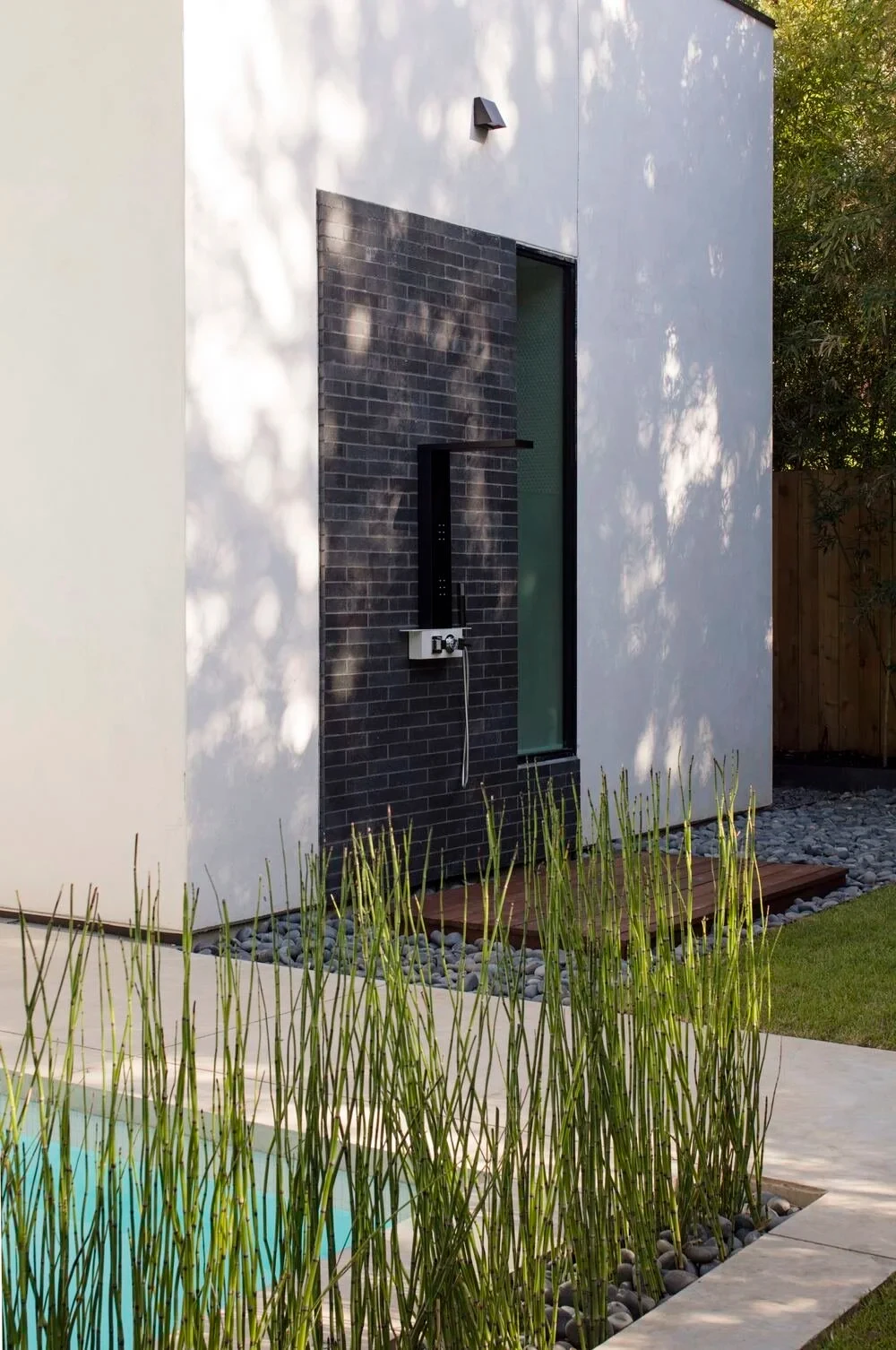 Corner of a white stucco and dark brick modern home with a turquoise plunge pool and tall reeds in the yard