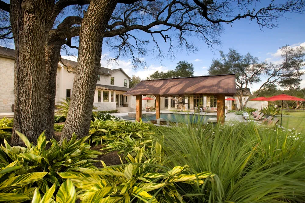 Wood pavilion and pool glimpsed through oaks and ferns in a lush backyard in West Lake Hills