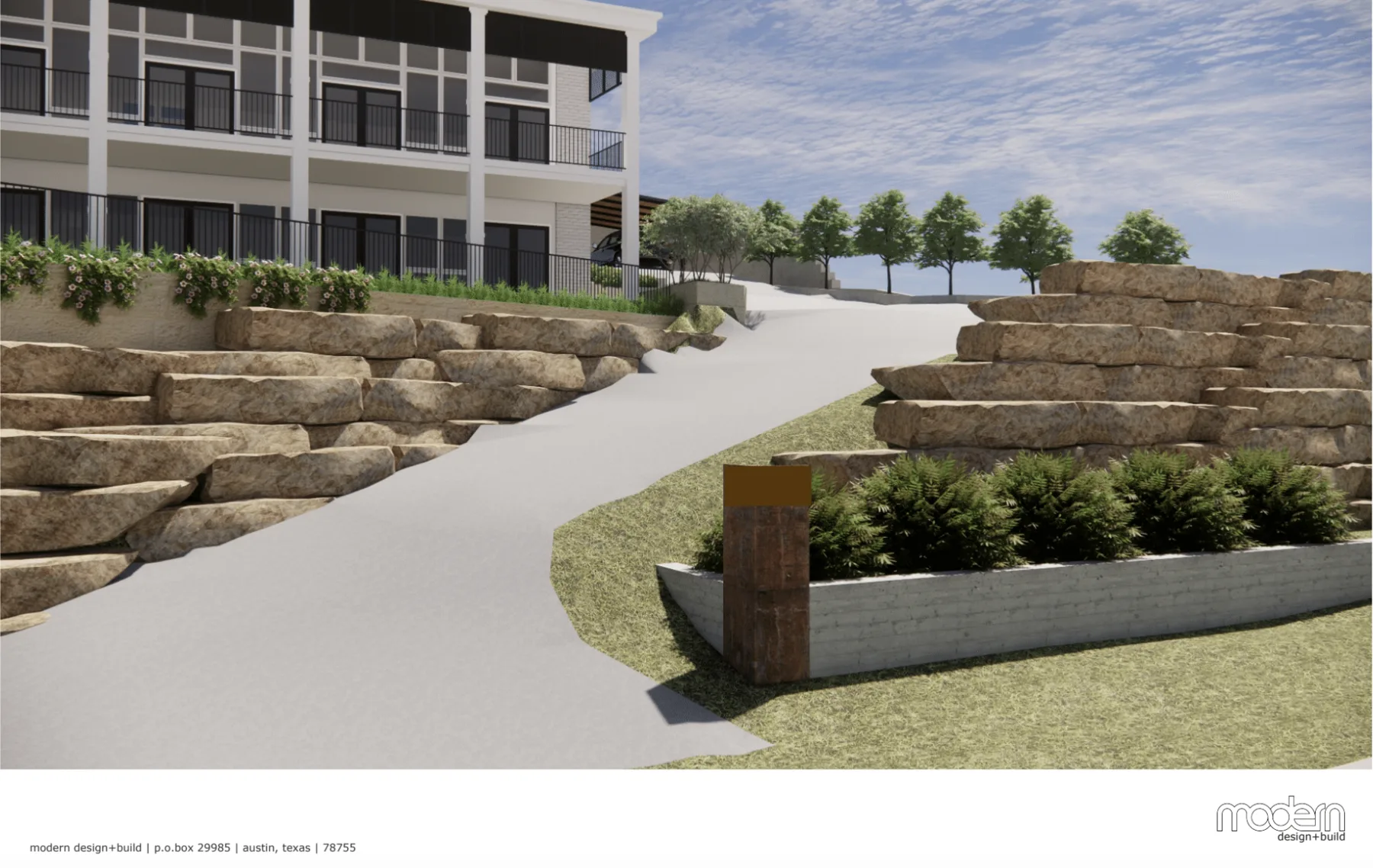 3D rendering of a winding walkway climbing a hillside lined with limestone boulder walls to a multi-level home