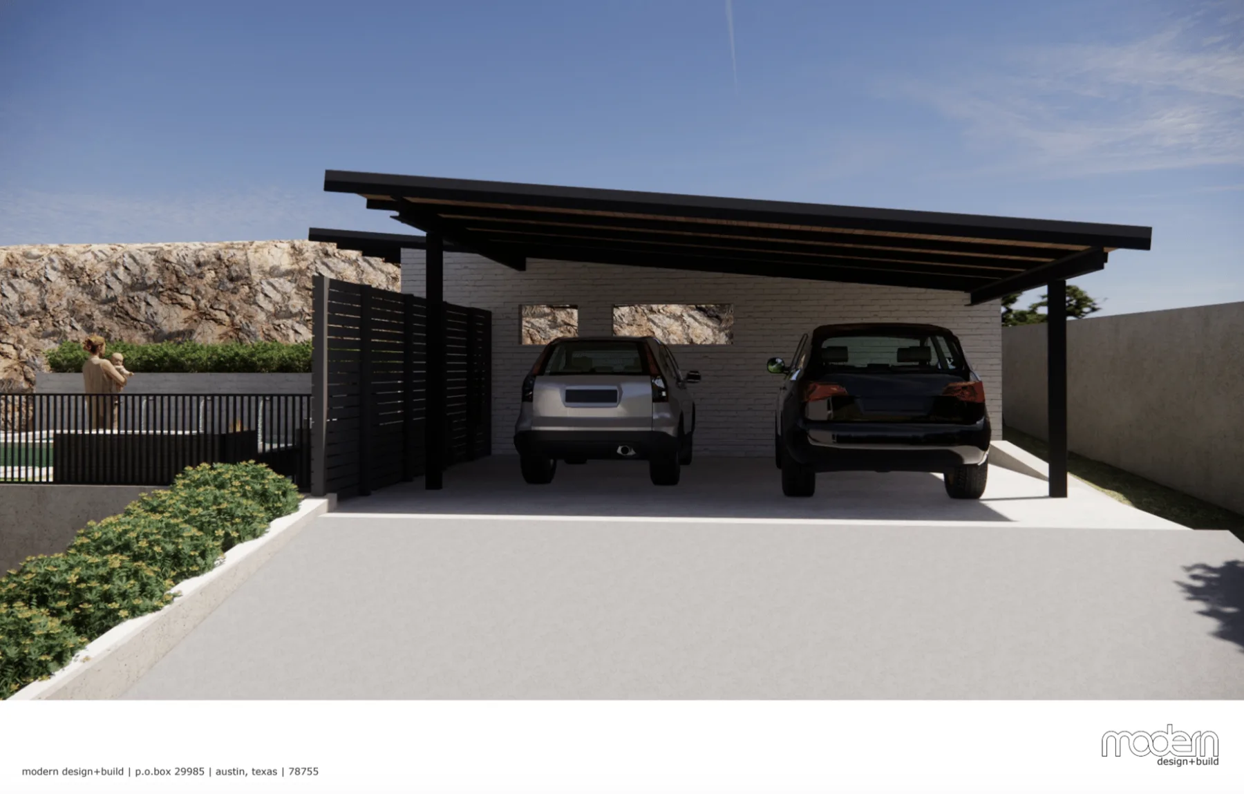3D rendering of a flat-roof carport sheltering two cars beside a stone wall, with a pool at left