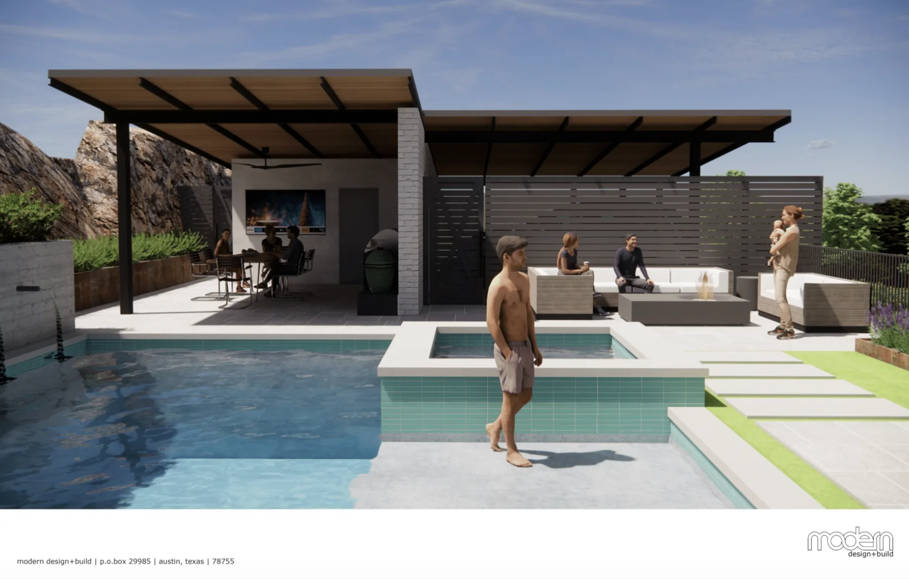 3D rendering of a geometric pool and raised teal-tiled spa by a covered patio against a rocky hillside