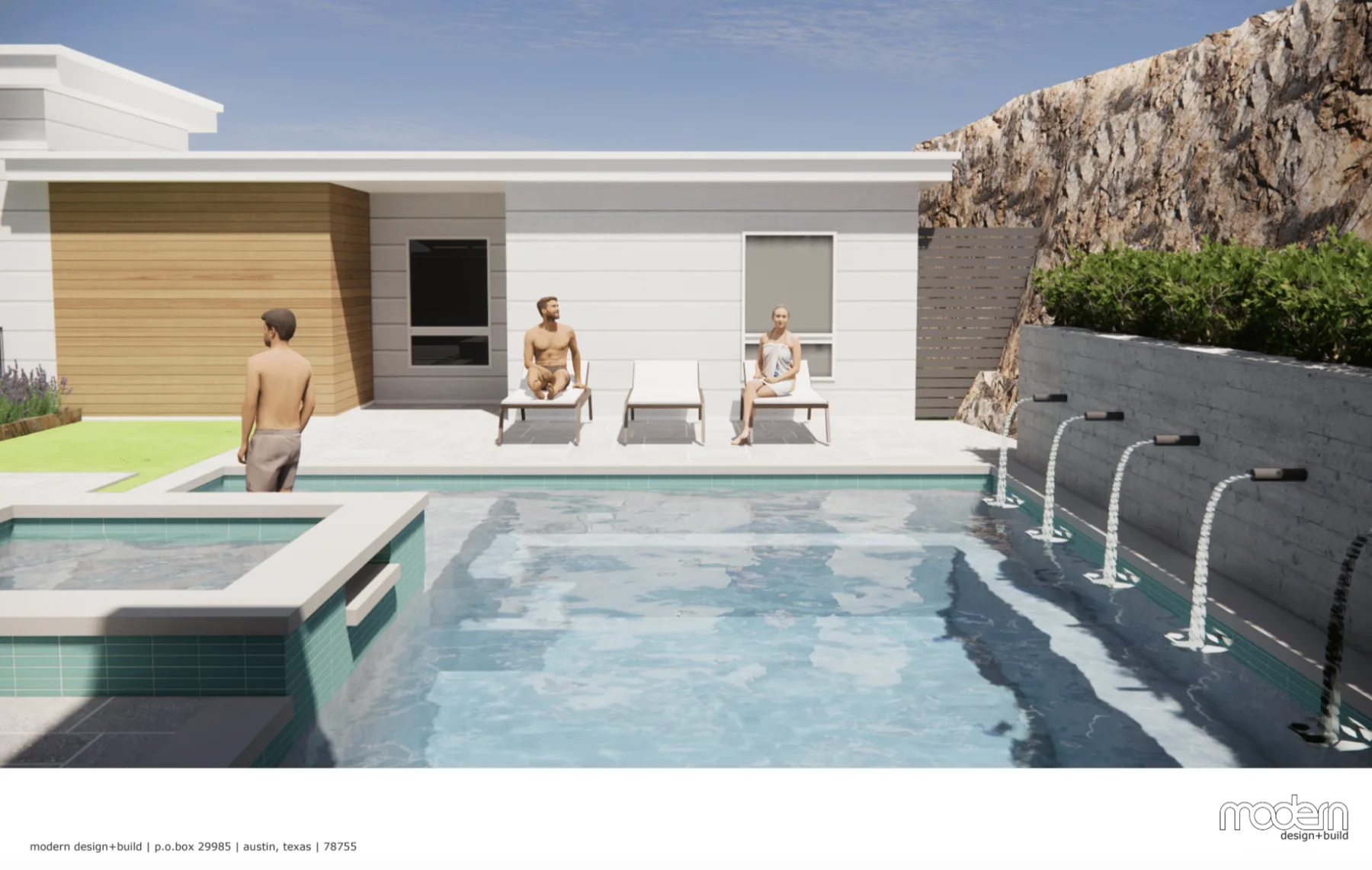 3D rendering of a geometric pool with a raised spa and arcing deck-jet fountains by a modern home