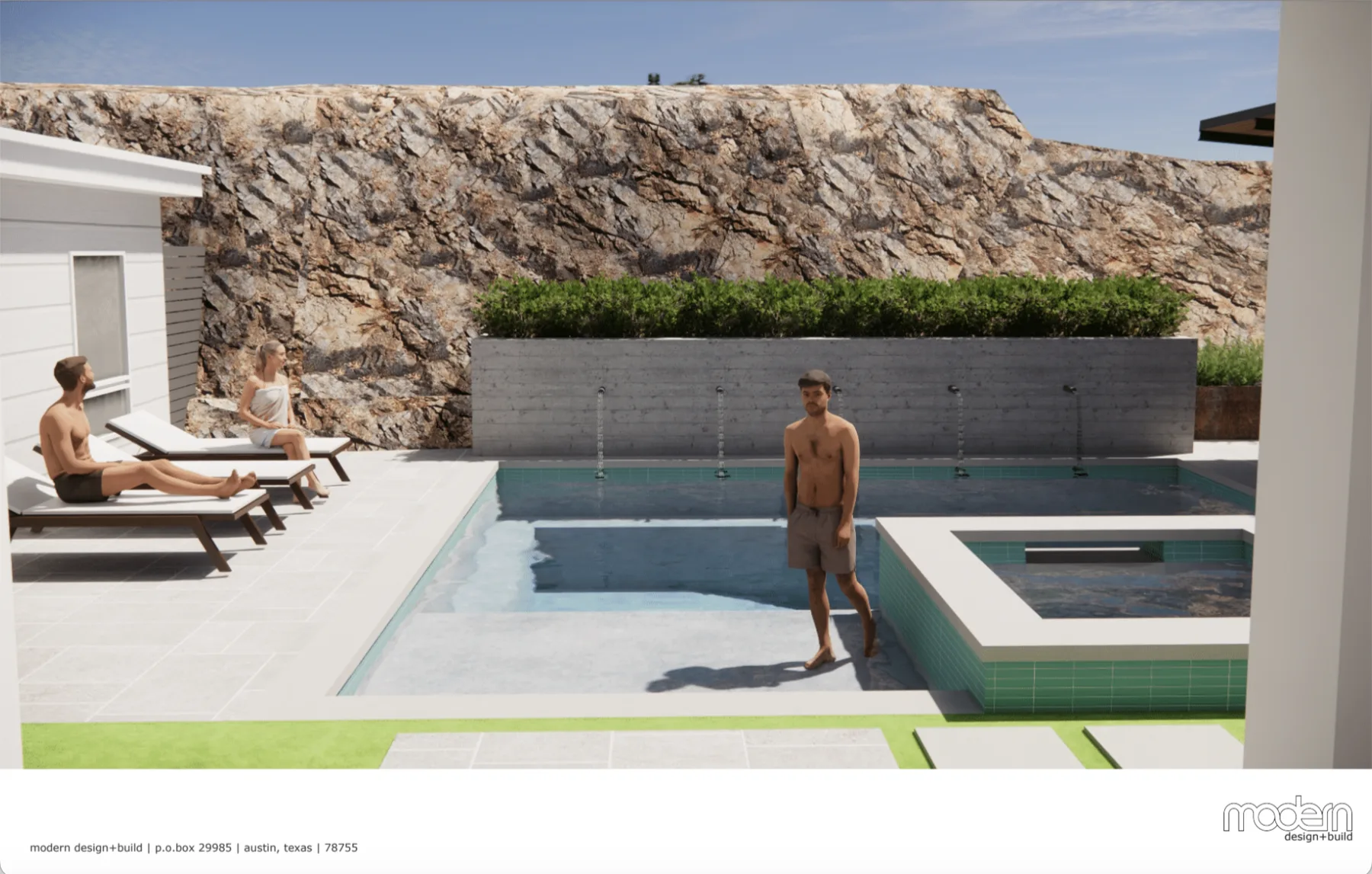 3D rendering of a backyard pool and raised spa with loungers against a tall stone wall