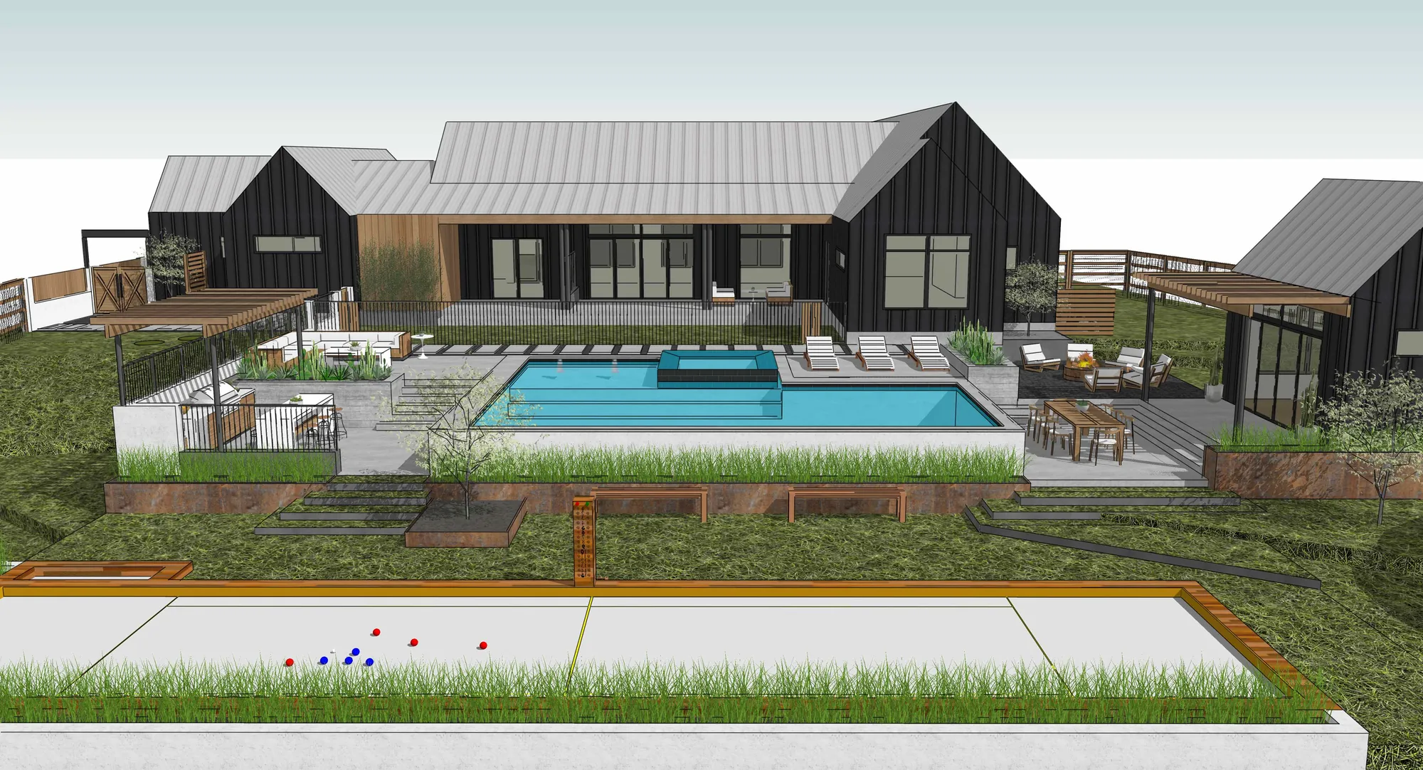 Pool and bocce court side by side in a Dripping Springs backyard