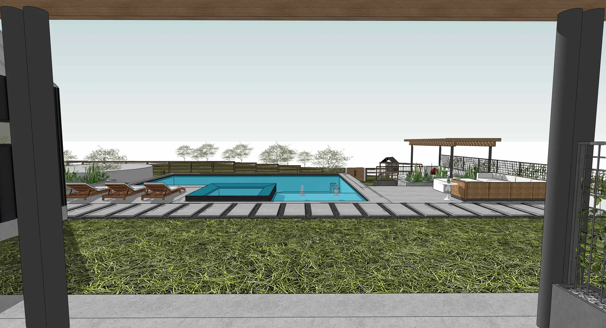Shaded pergola over the pool deck in the Hill Country