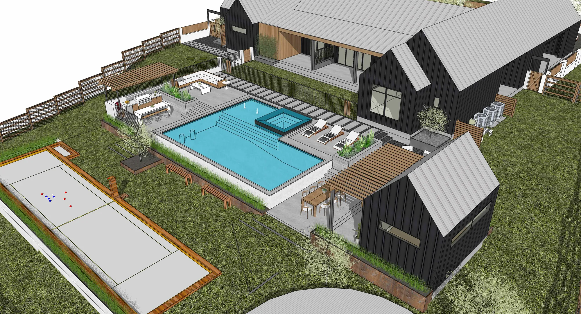 3D aerial concept of a Dripping Springs backyard with a pool, bocce court, and guest suite