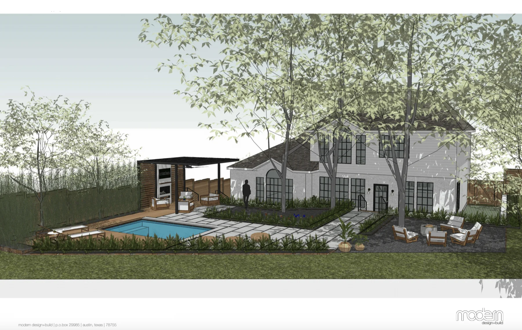 3D rendering of a backyard with a small pool, pergola lounge and a two-story home framed by trees
