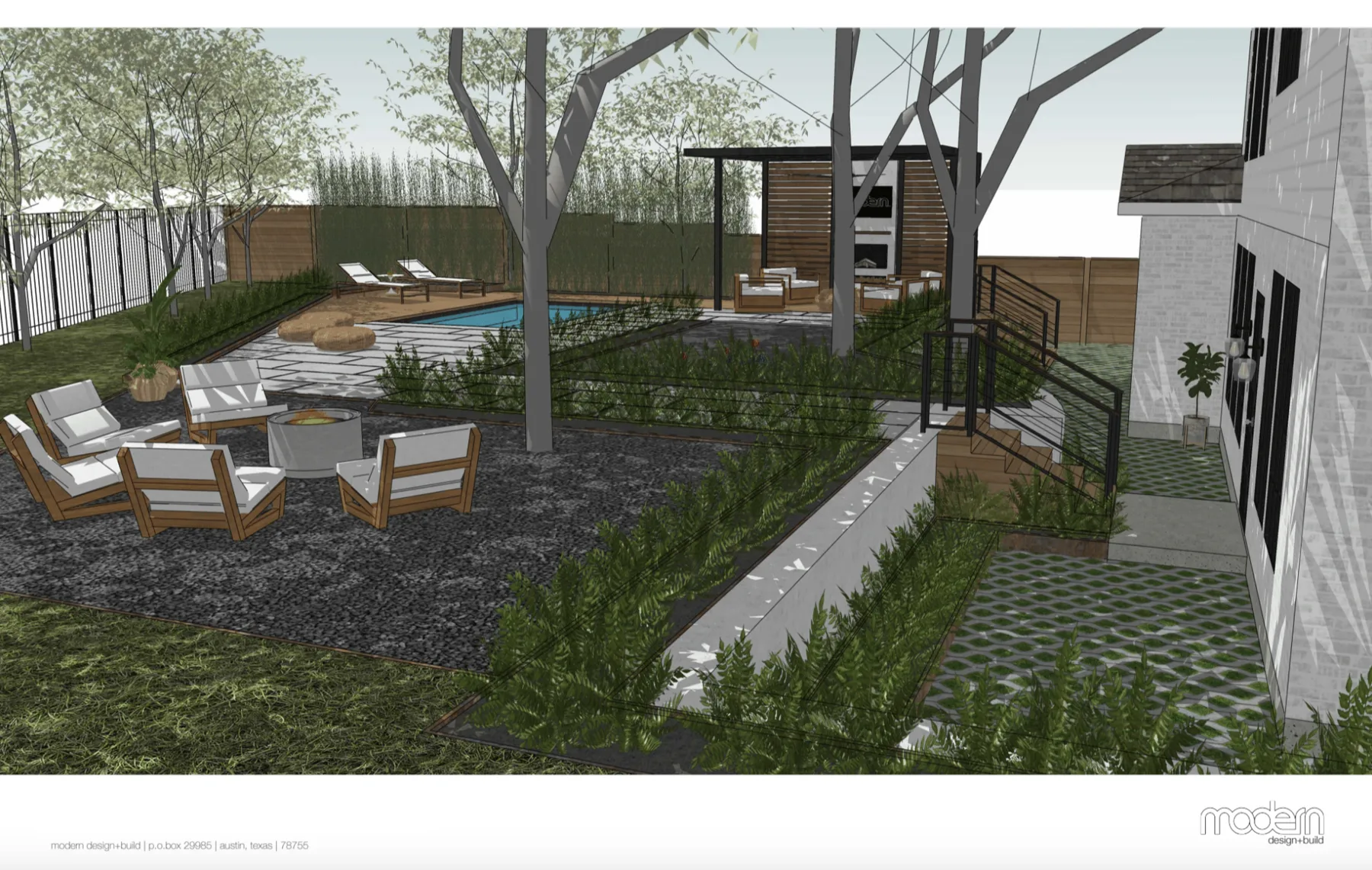 3D rendering of a terraced backyard with a lounge area, paver patio and a small pool beyond