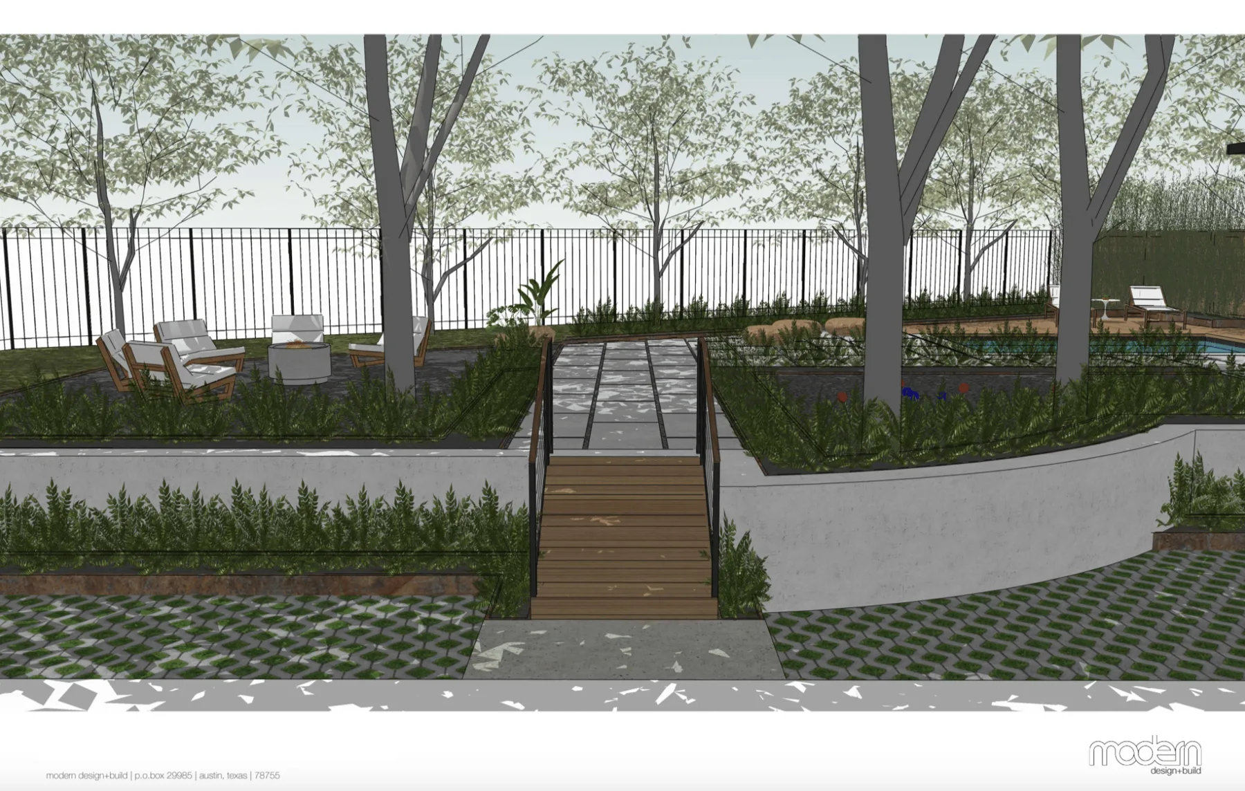 3D rendering of a paver walkway and steps climbing between planted retaining walls toward a fenced pool