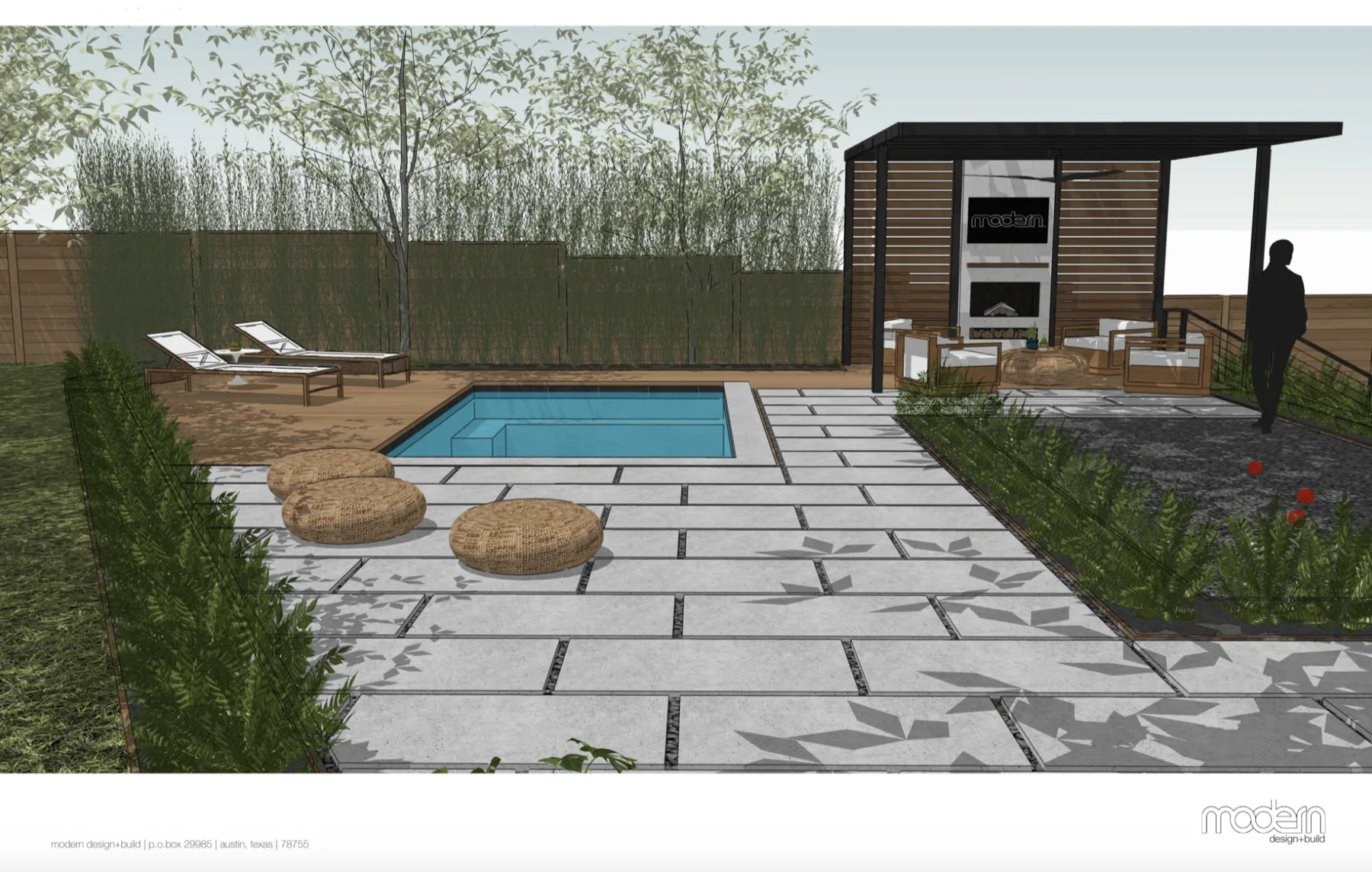 3D rendering of a small pool with loungers and a pergola lounge with a fireplace on a paver patio