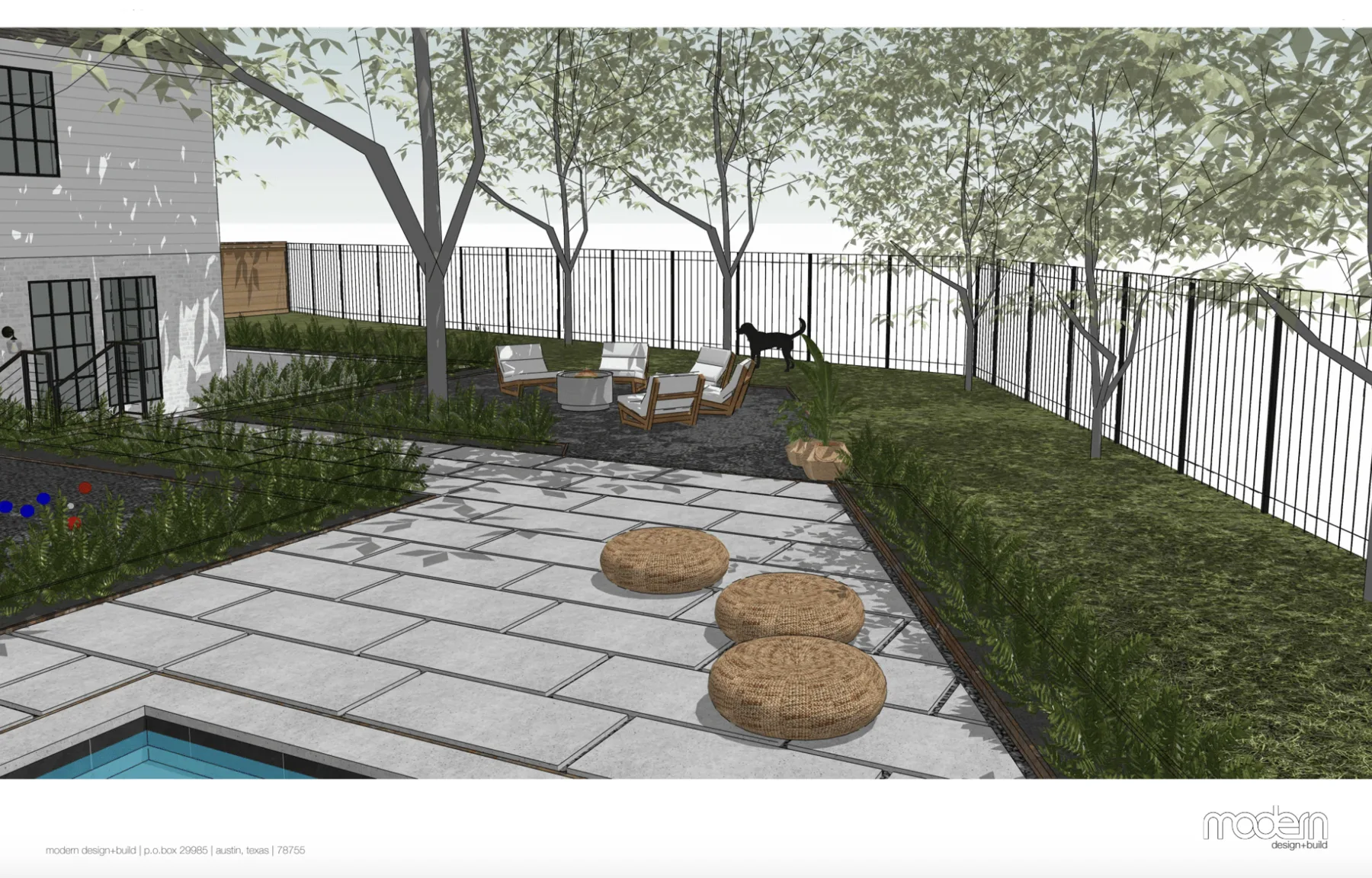 3D rendering of a backyard patio with lounge seating, a dog and trees behind a black metal fence