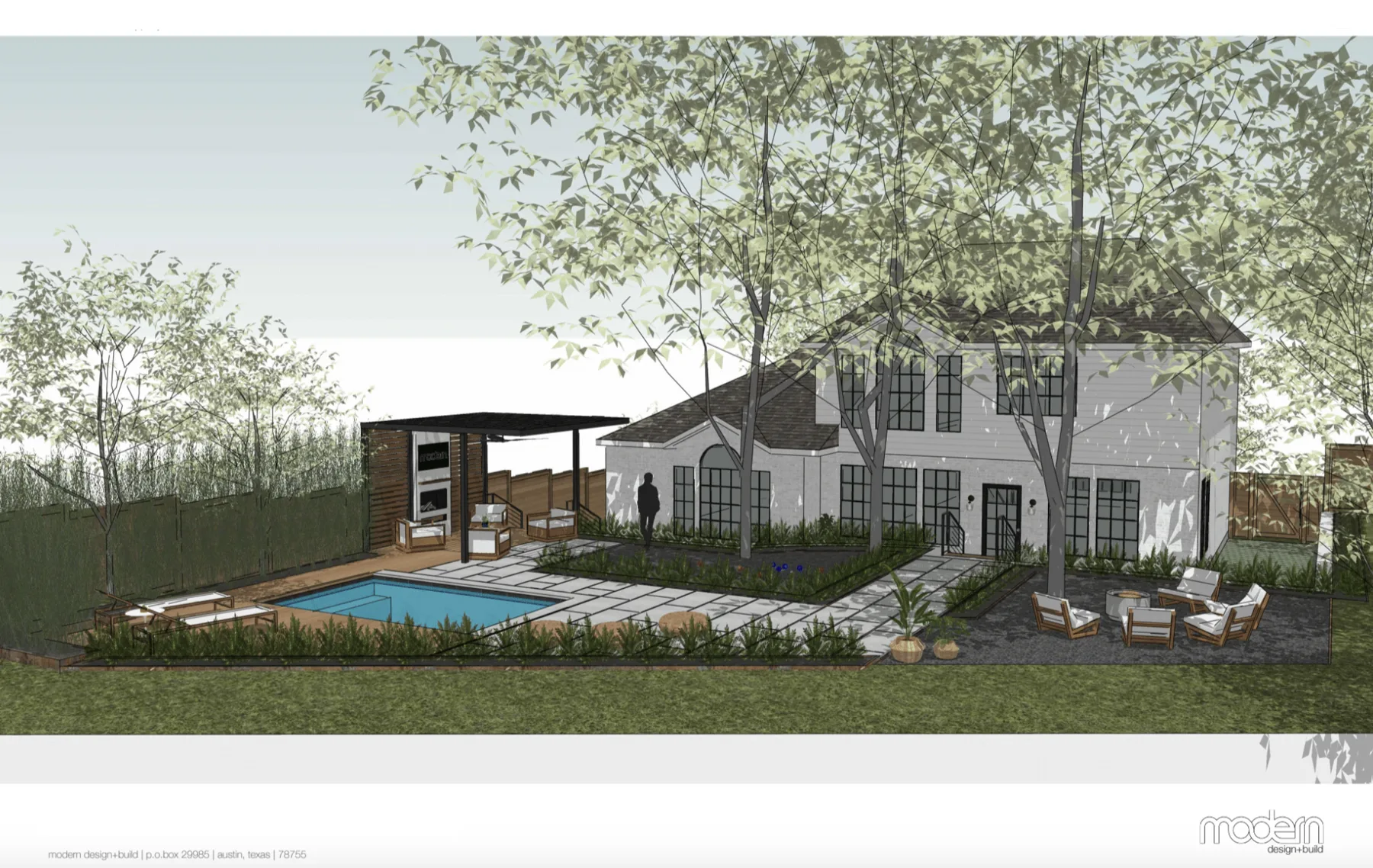 3D rendering of a two-story home with a small backyard pool, pergola and loungers framed by trees