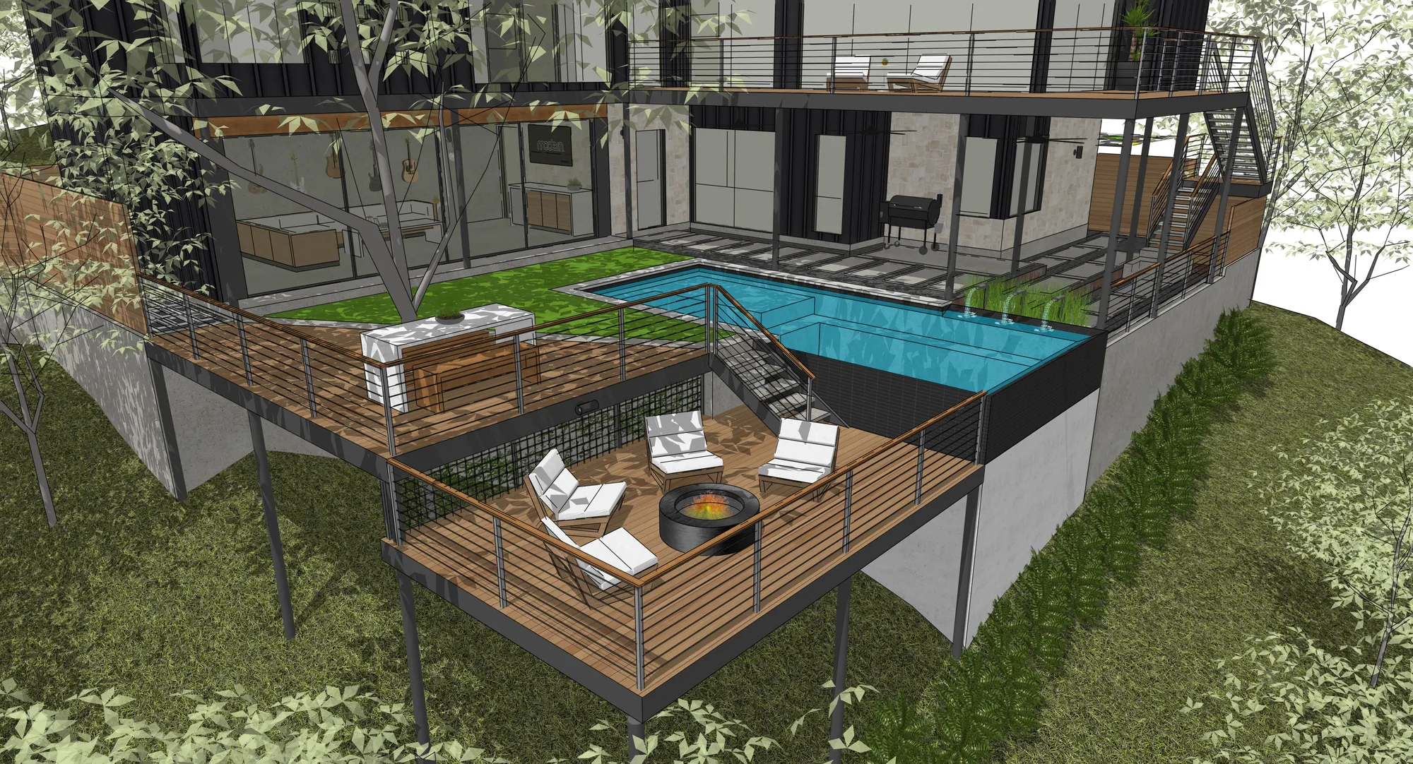 Cantilevered steel decks and a firepit stepping down a wooded Westlake slope