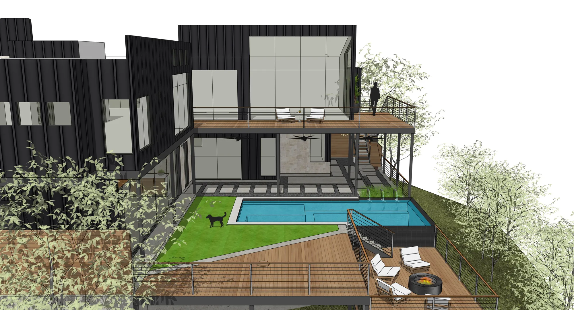 Modern home high on a hillside lot with decks reaching over the grade to the pool