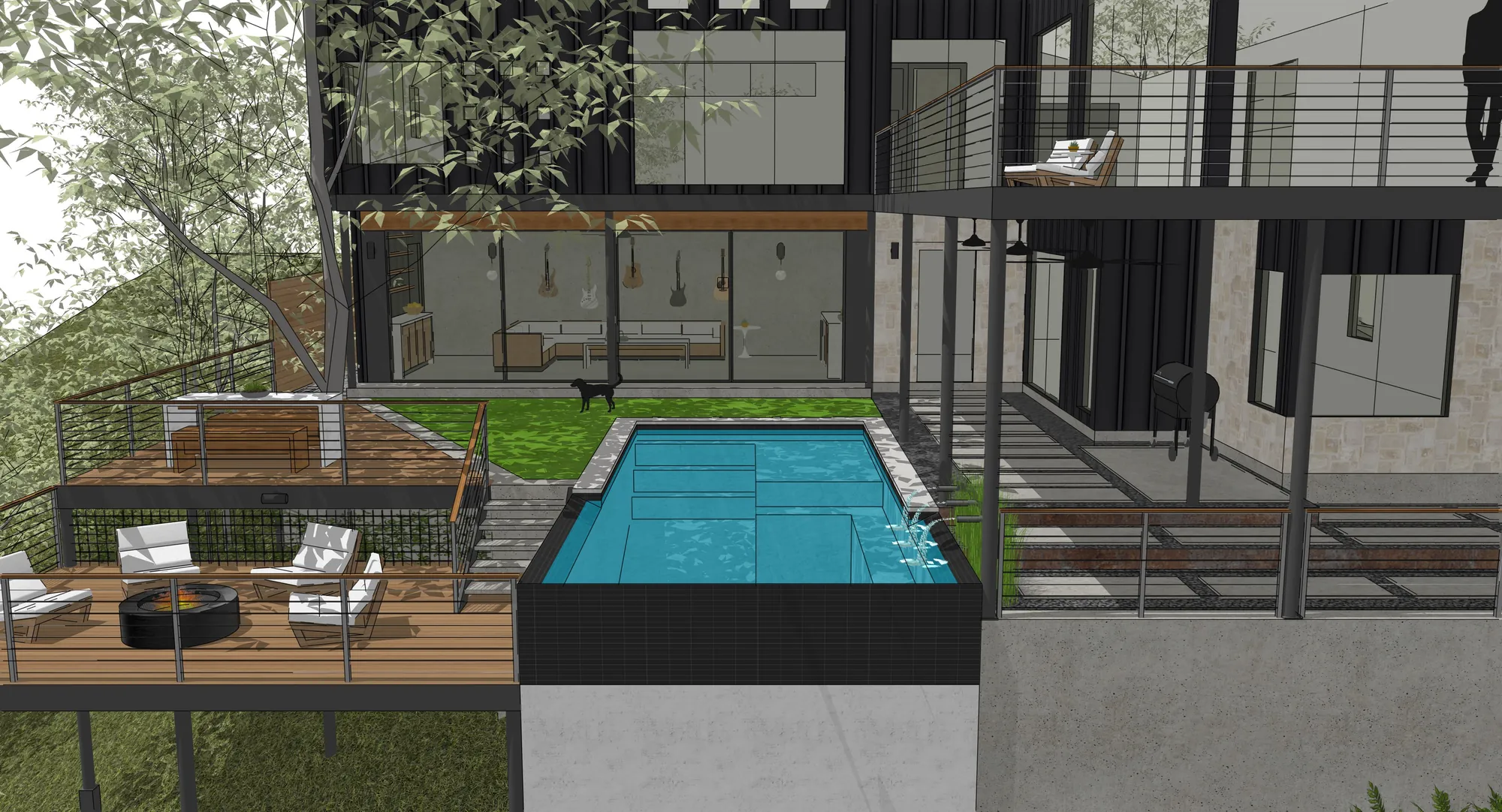 Lap pool along an upper deck looking out into the tree canopy