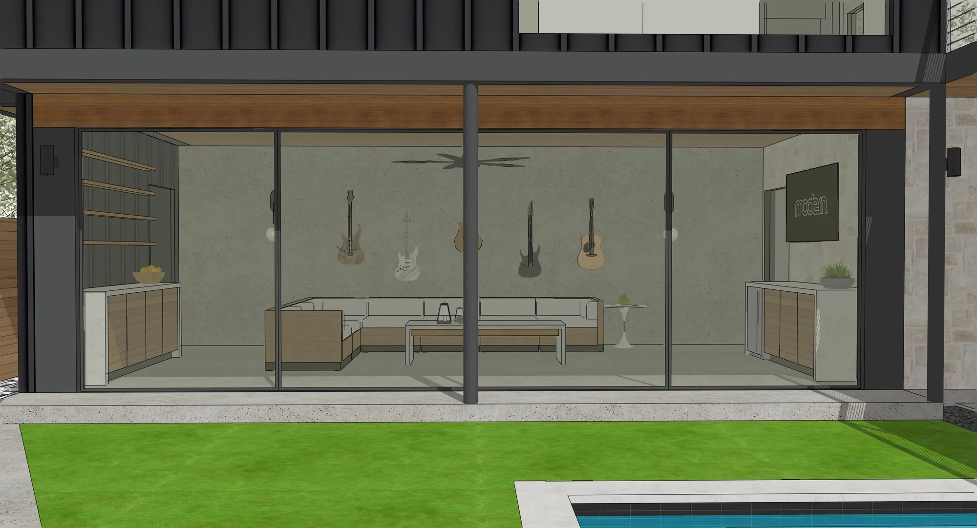 Covered lower lounge with glass walls opening to the deck and pool
