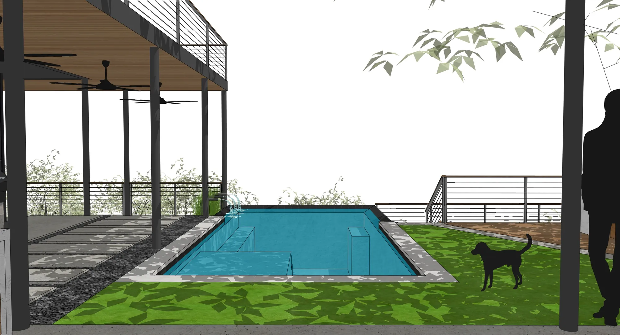 Shaded patio, pool, and green space grouped on a steep Westlake lot