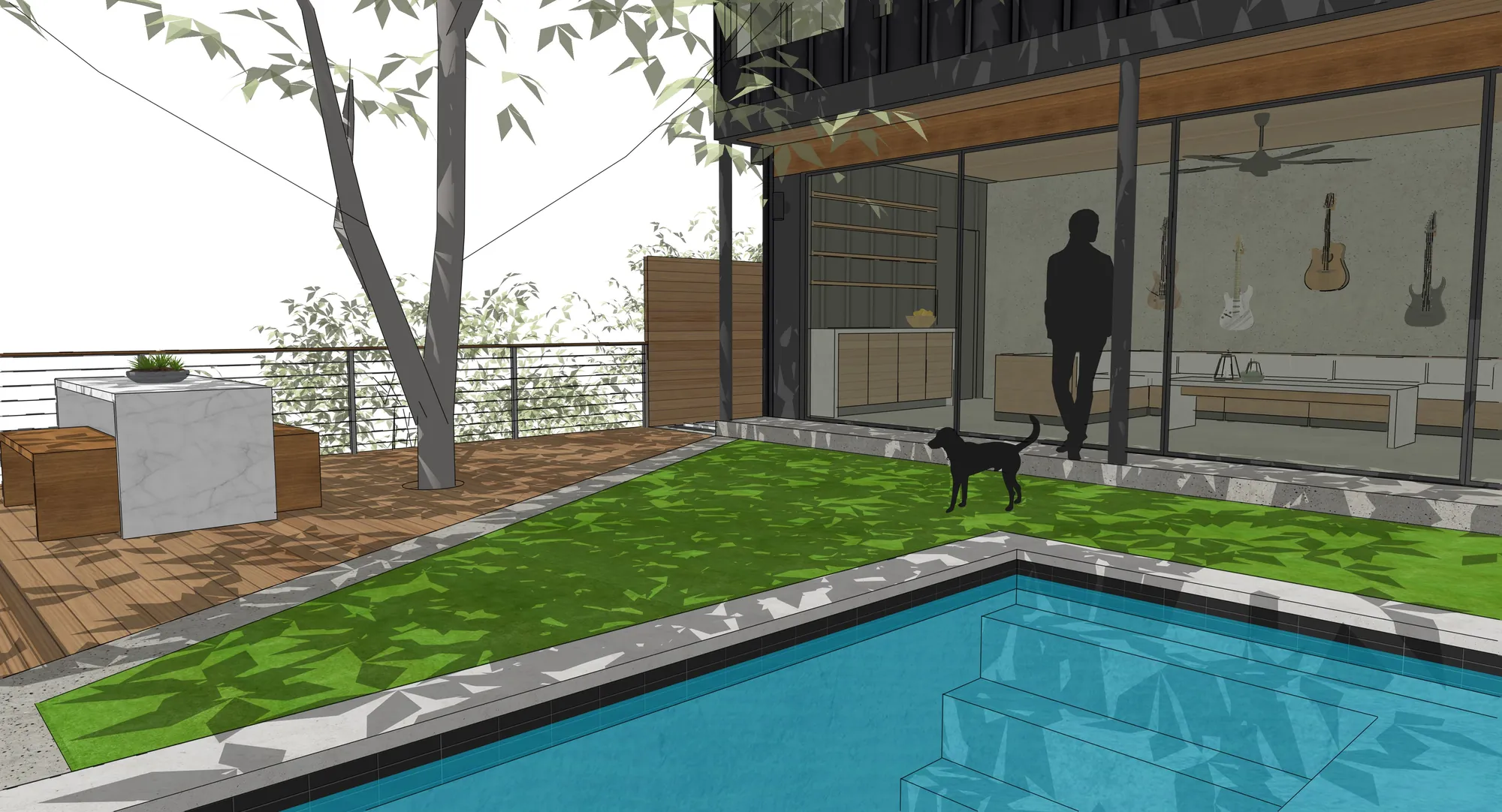 3D pool concept of a Westlake hillside backyard with a lap pool and a glass music lounge