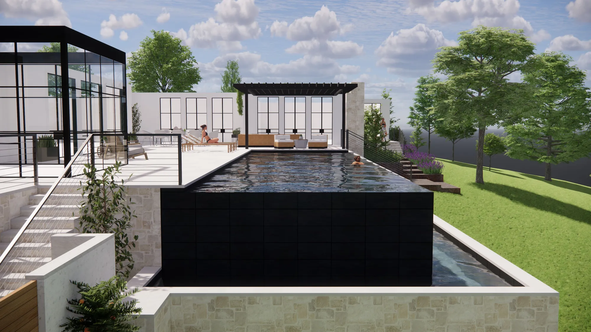 Black infinity-edge pool beside a shaded pergola lounge on a Lake Austin deck