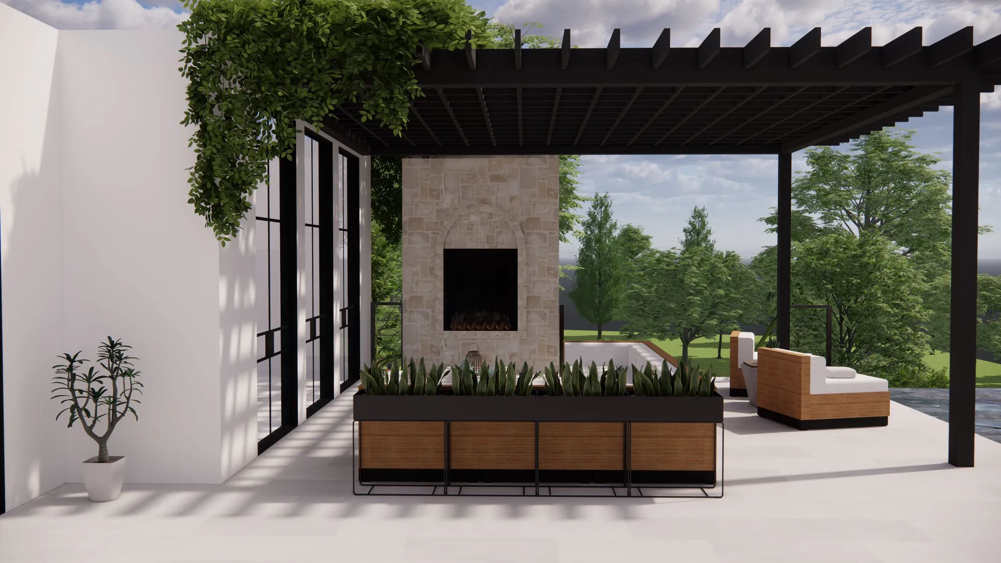 Covered outdoor lounge with a fireplace looking out over the lake