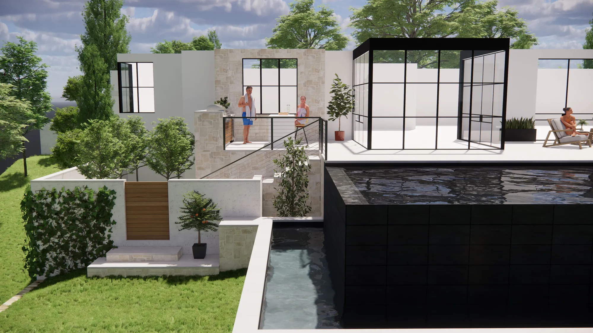 Stone, black steel, and glass tying a remodeled pool back to the house