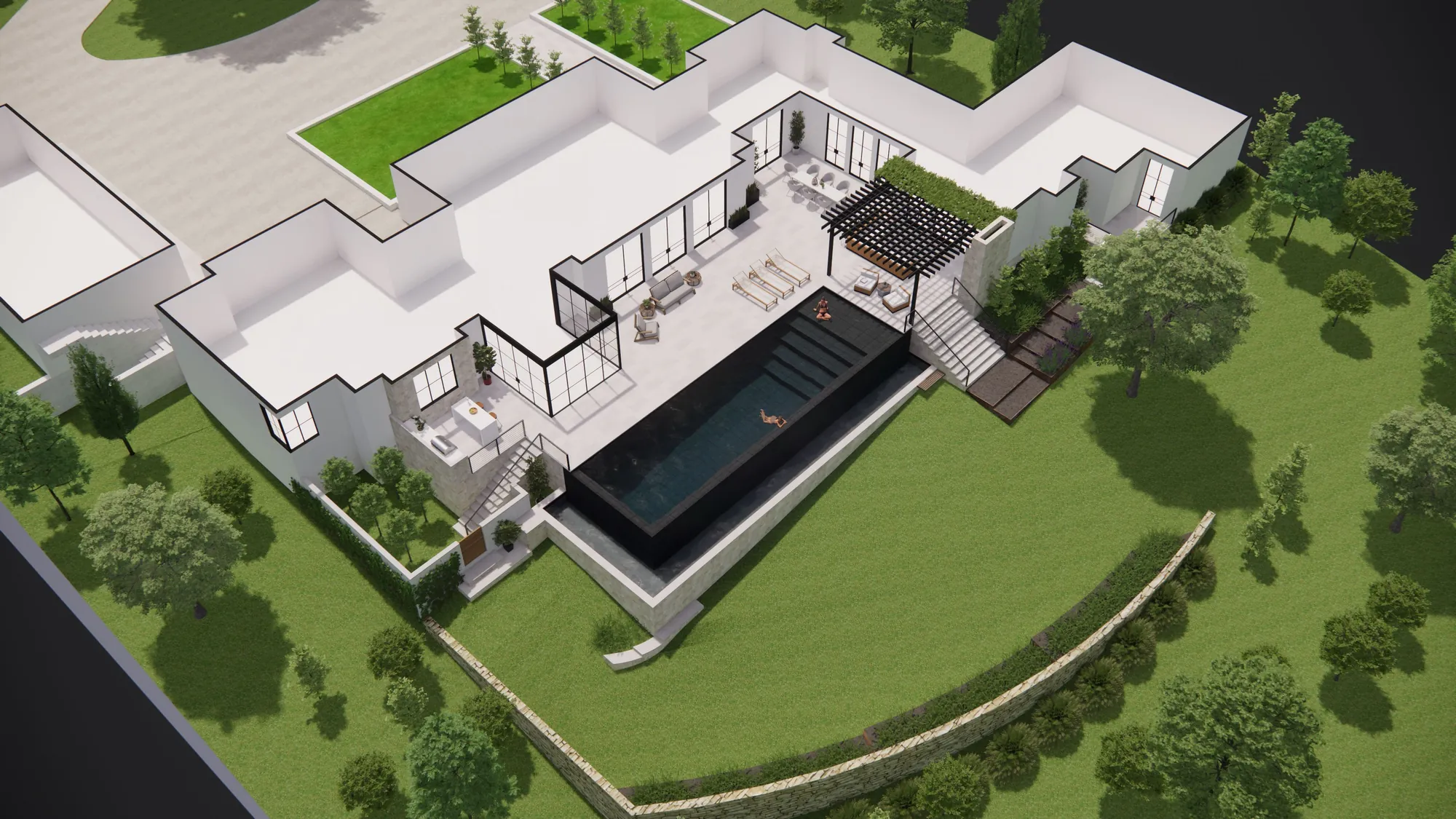 Aerial view of the pool, lawn, and deck lined up with the water view
