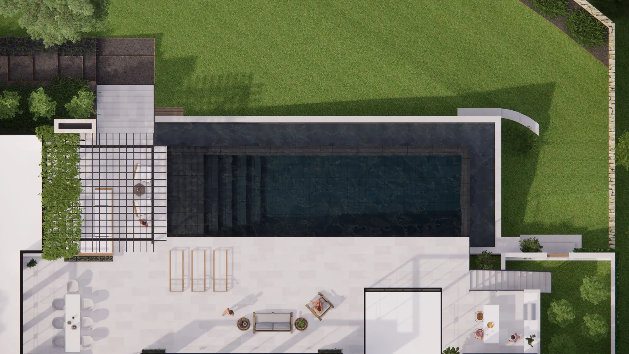 Top-down concept plan of the pool and deck on a lakefront lot