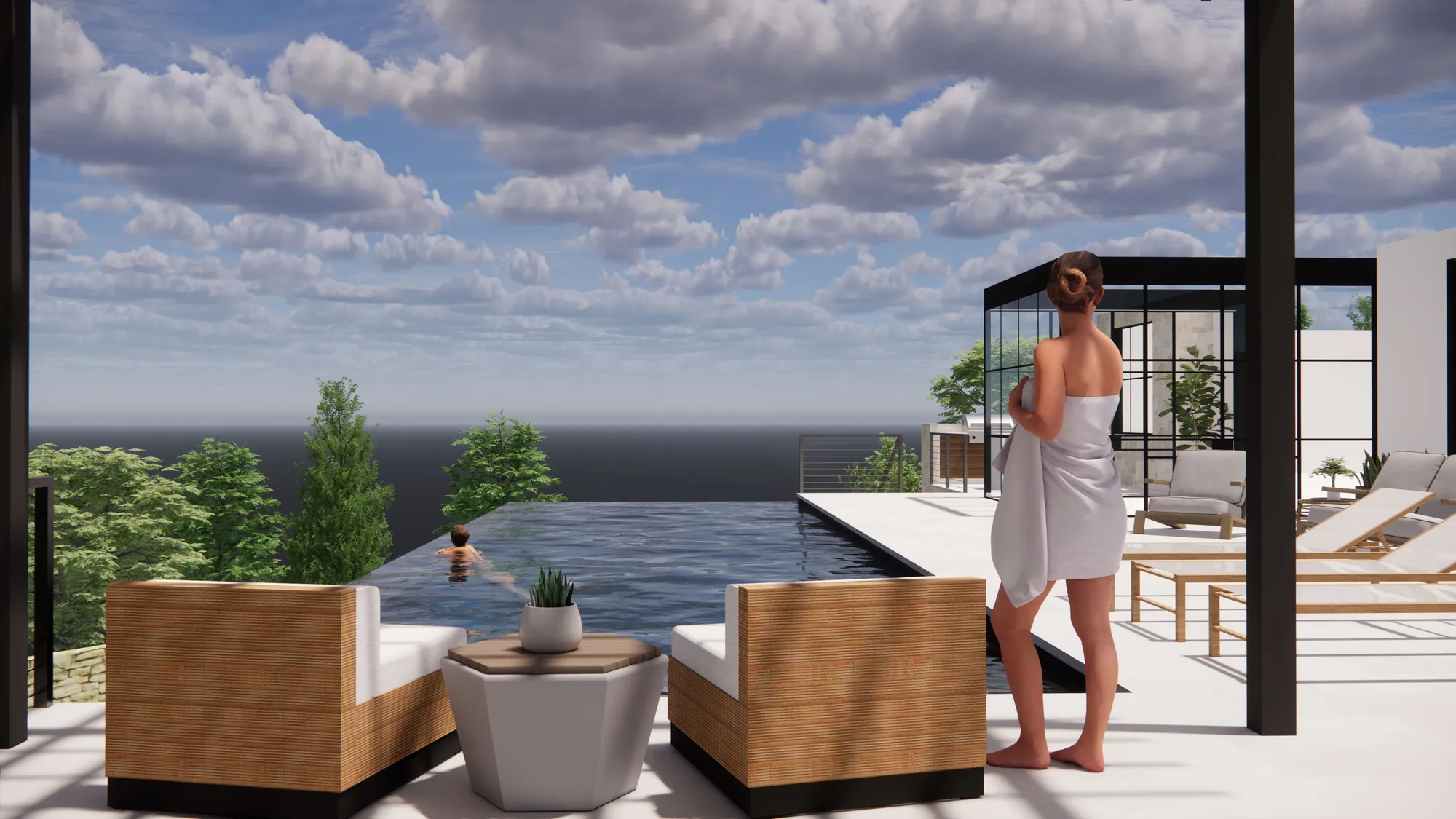 3D concept of a black infinity pool at the edge of a Lake Austin backyard with open water views