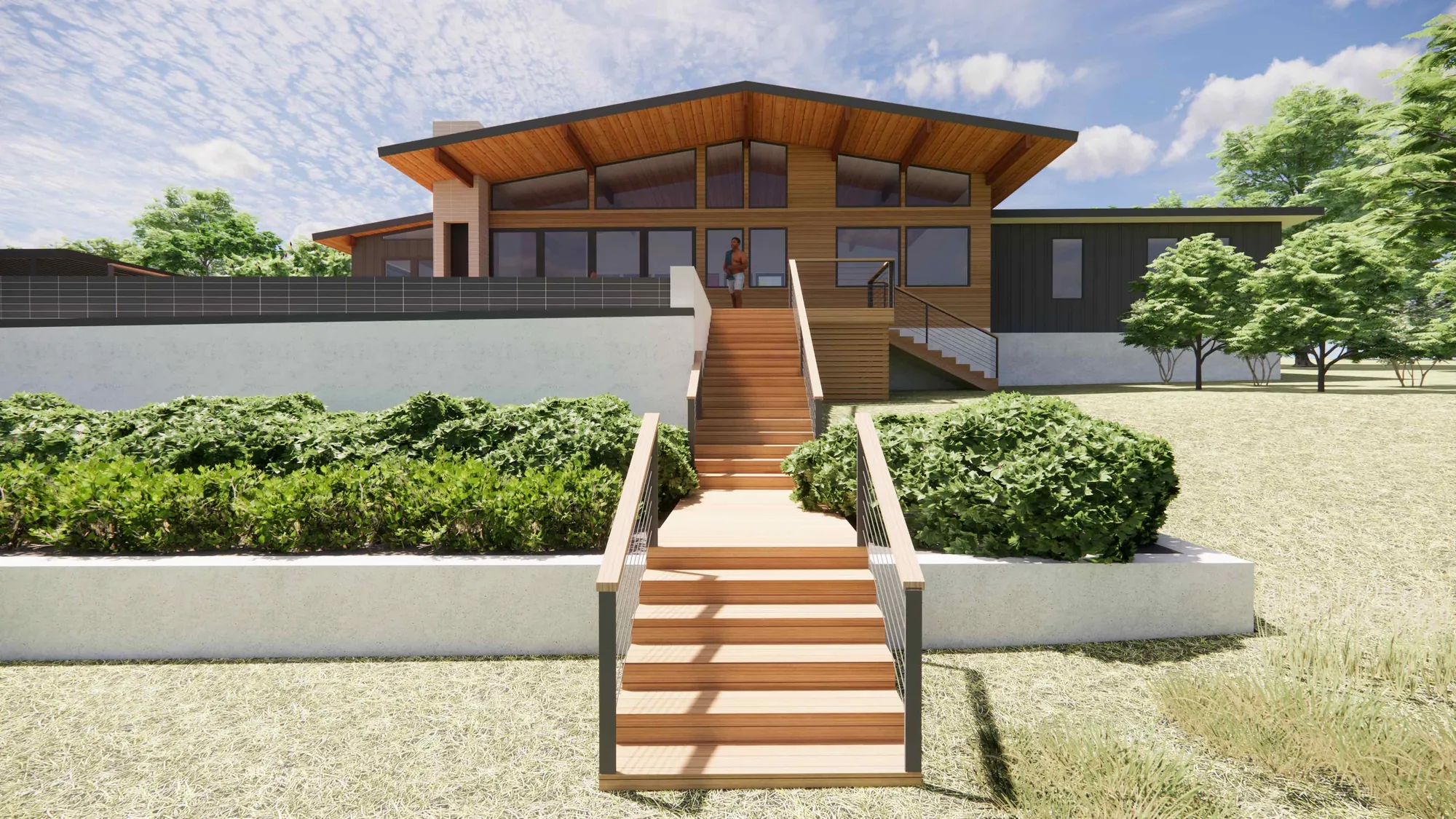 Wide steps and a deep deck connecting a mid-century home to the pool