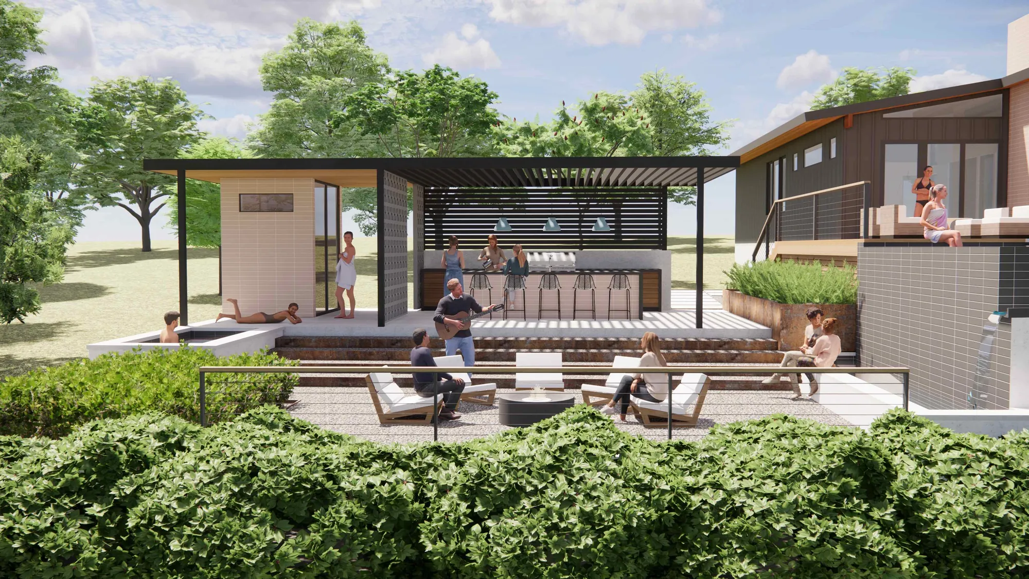 Poolside outdoor kitchen and bar under a pergola with guests gathered