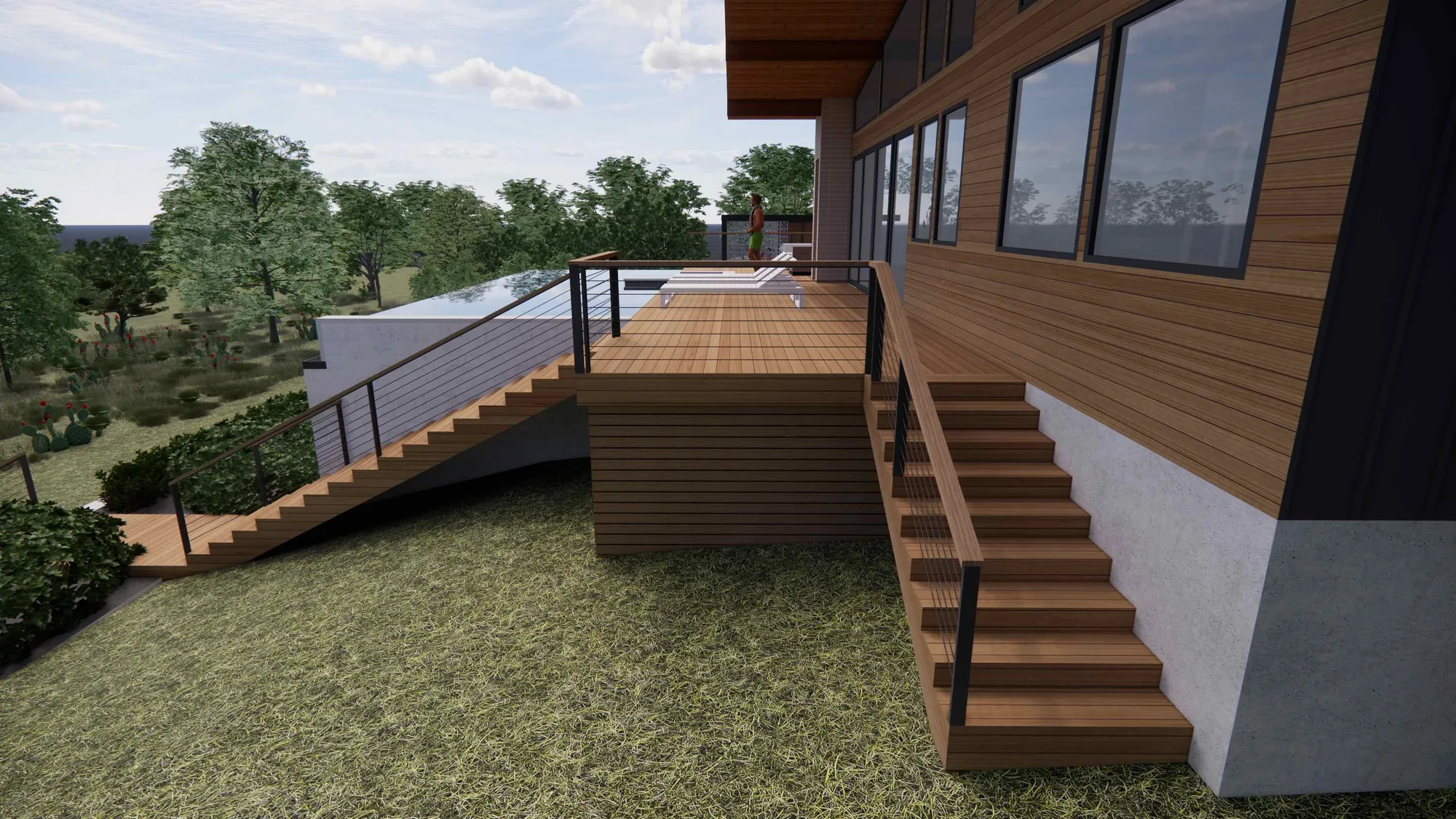 Long wood deck wrapping an infinity pool at a mid-century home