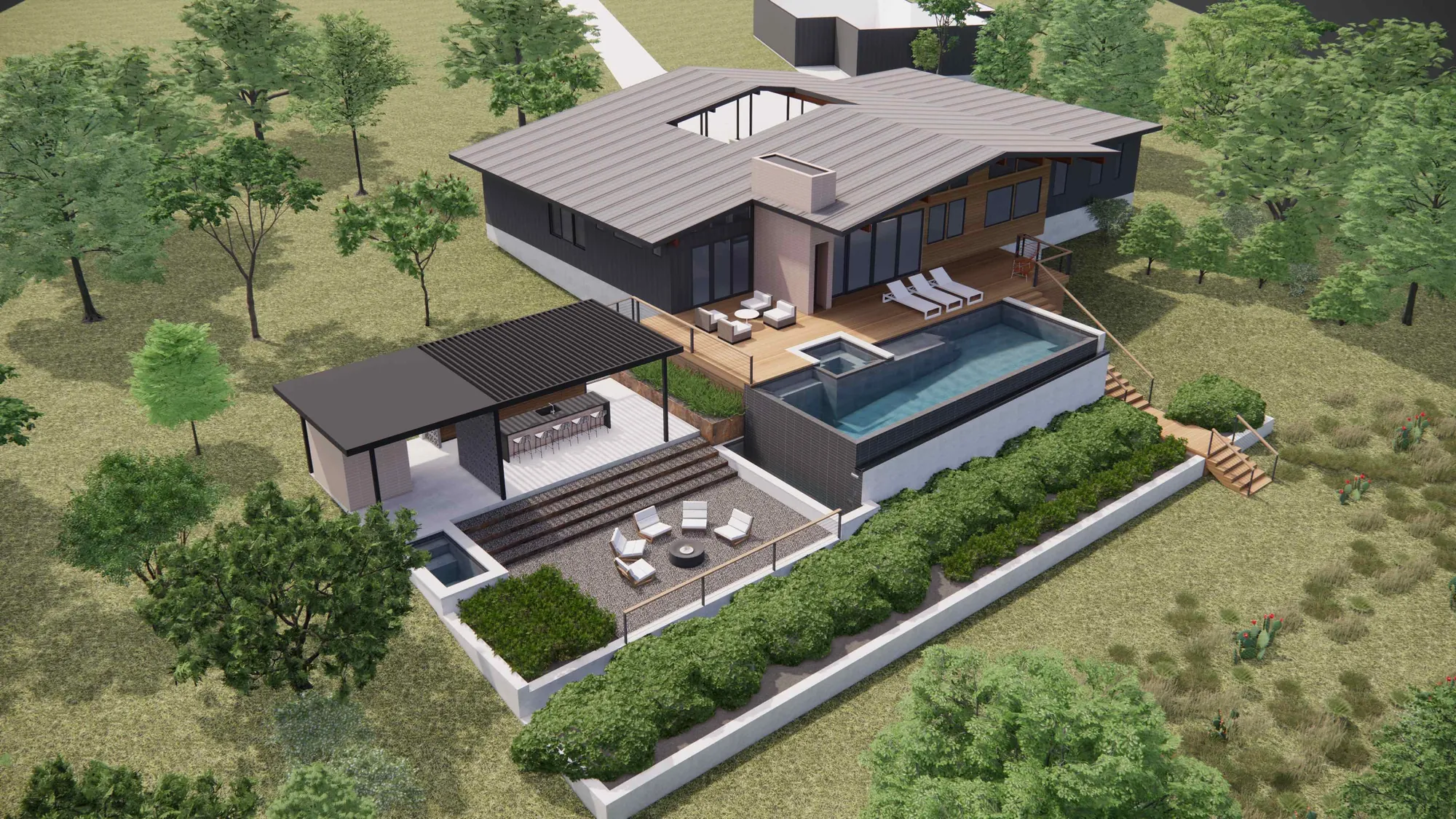 Aerial view of the backyard laid out as connected outdoor rooms