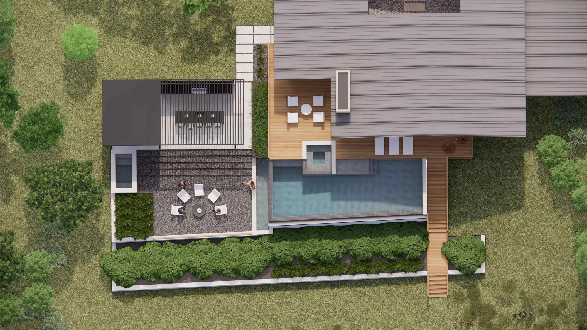Top-down aerial of the pool and deck on a Dripping Springs lot