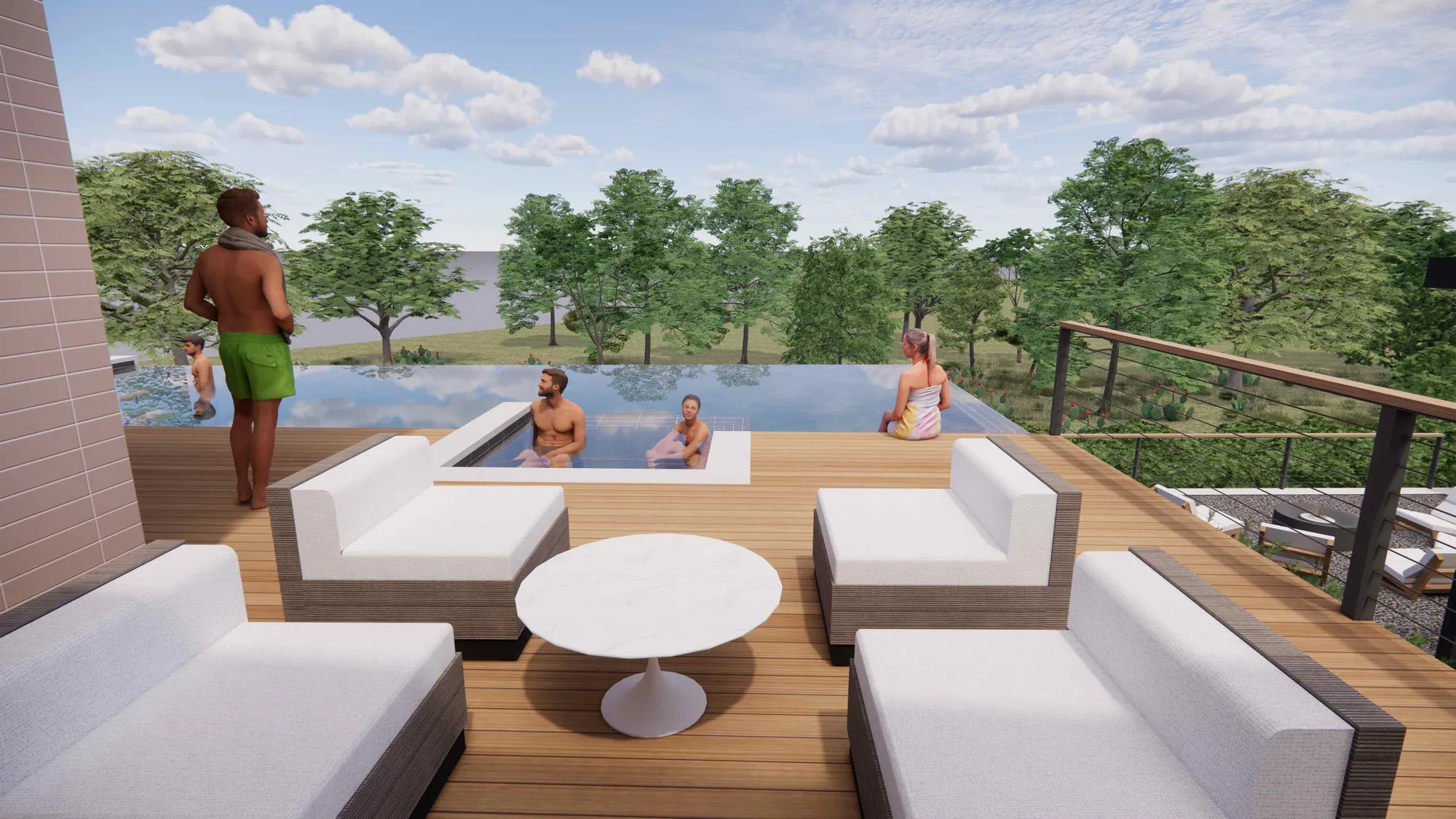 3D concept of a sunken poolside lounge and infinity pool at a Dripping Springs mid-century home