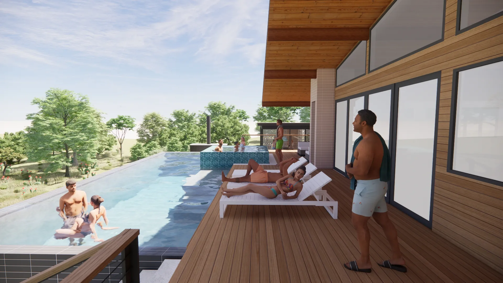Long pool beside a wide wood deck at a mid-century Dripping Springs home