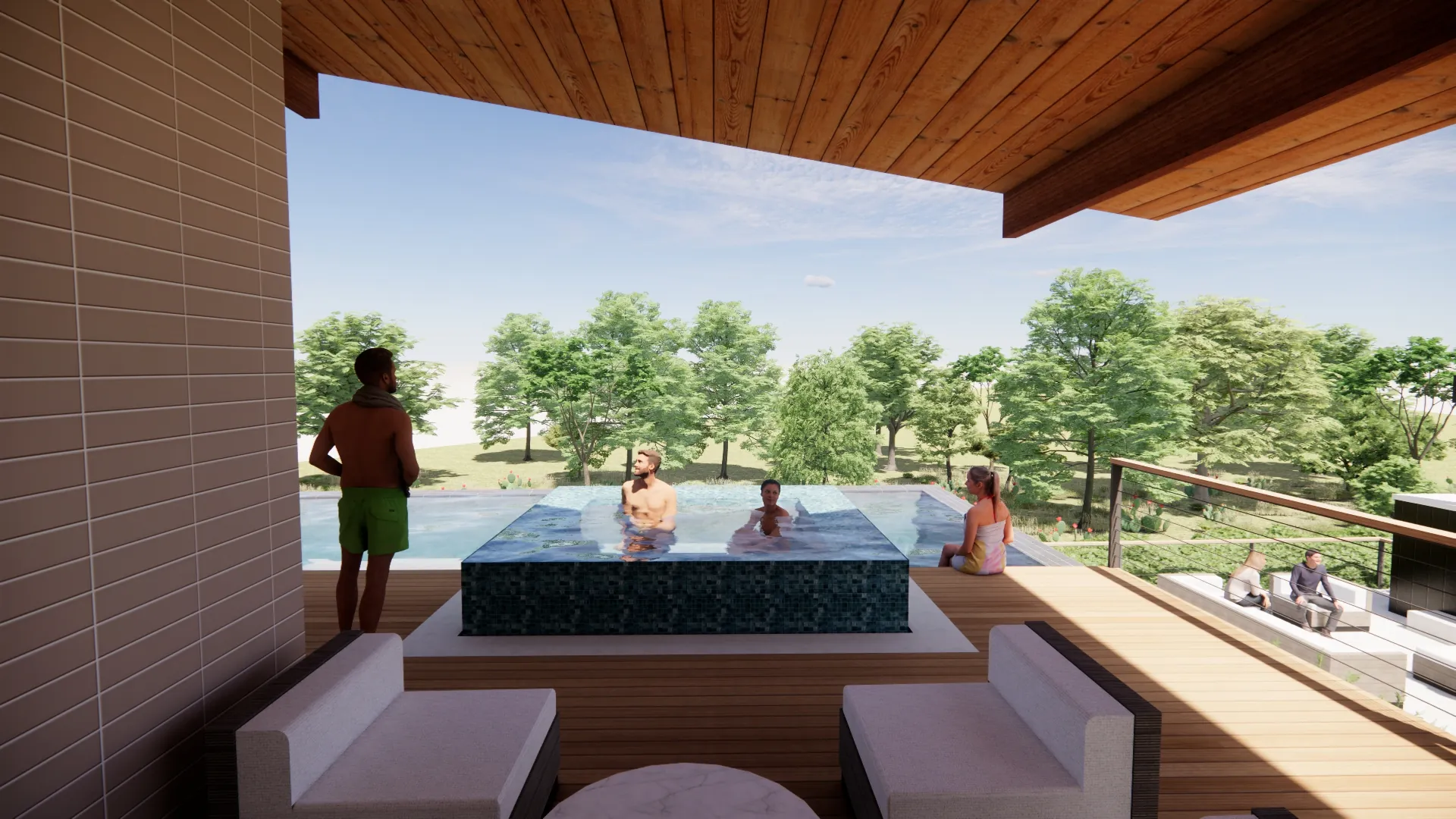 Raised spa under cover at one end of the pool deck
