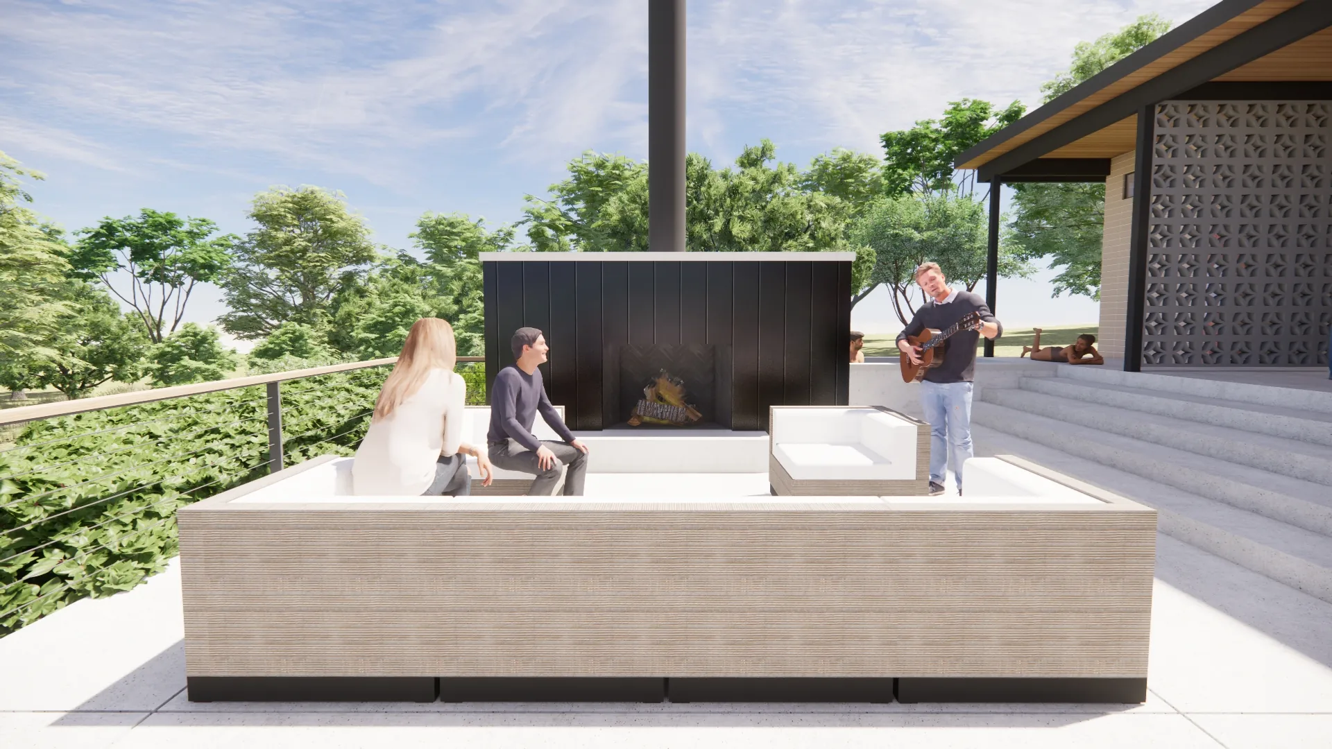 Outdoor living room with a fireplace off the pool deck