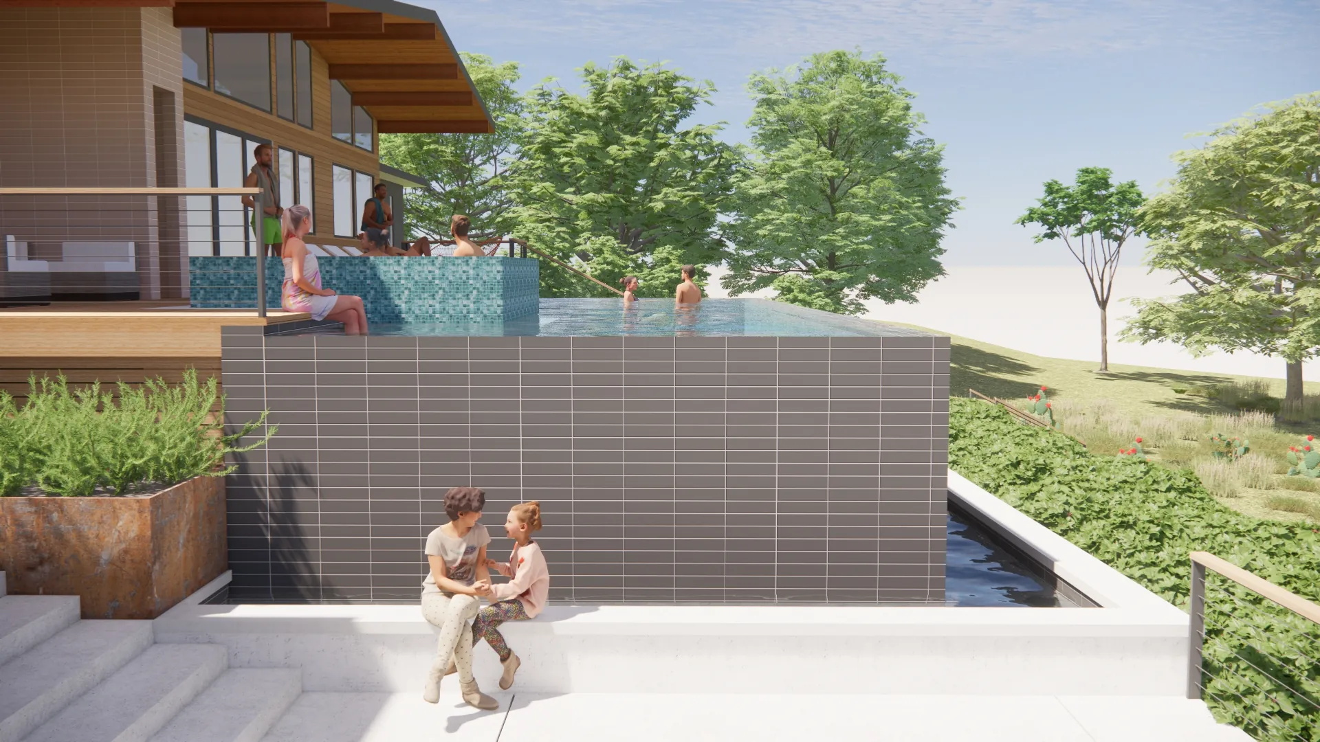 Built-in pool seats where you can sit half in the water