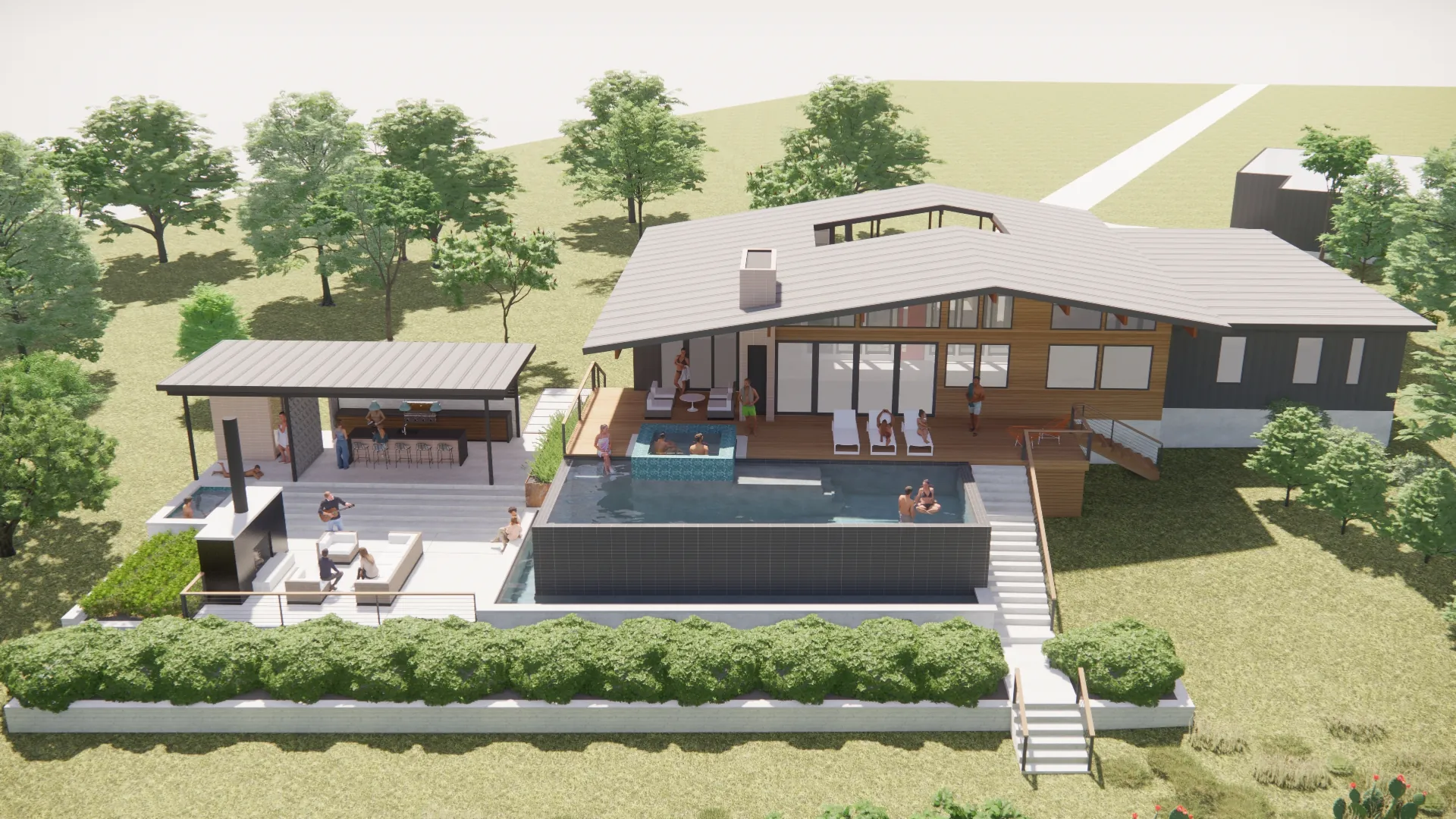Aerial view of a mid-century home and pool set into the Hill Country