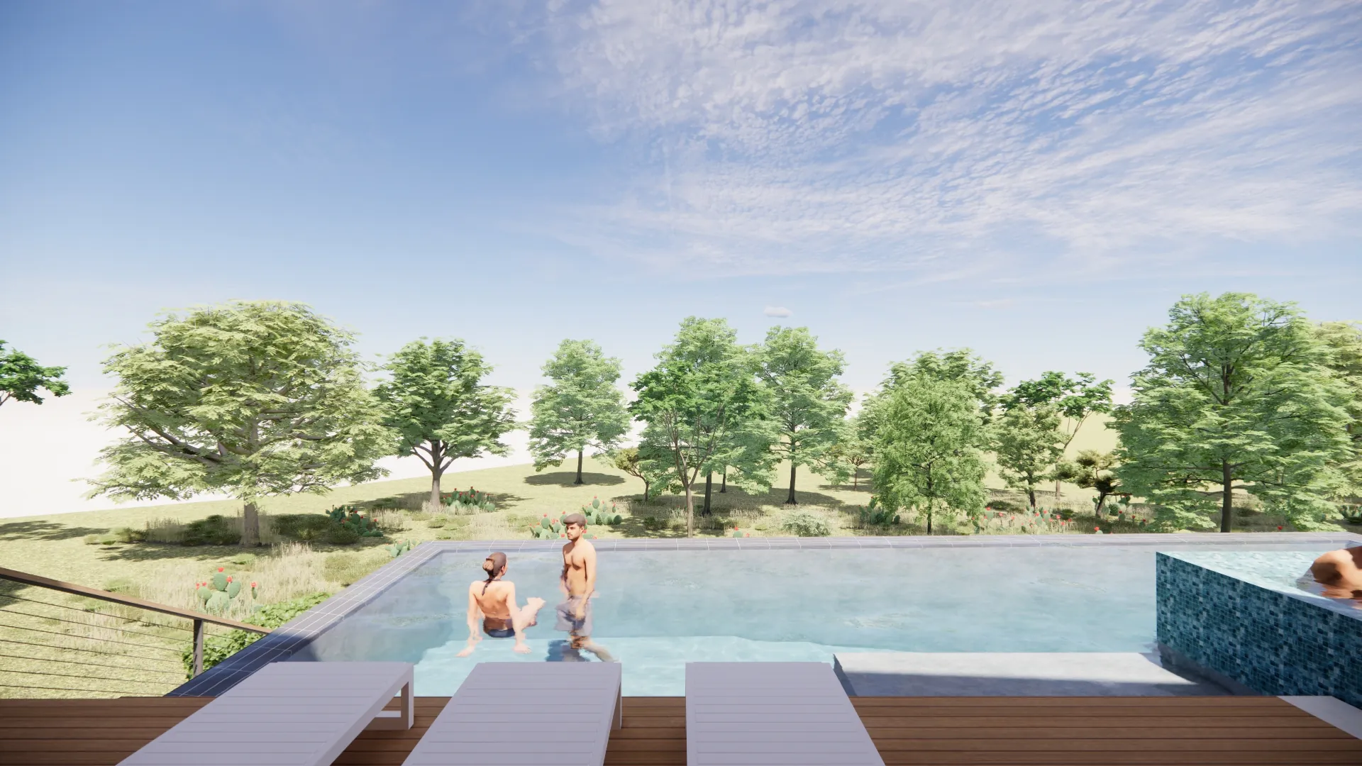 3D concept of a mid-century pool opening onto an open Hill Country lawn in Dripping Springs