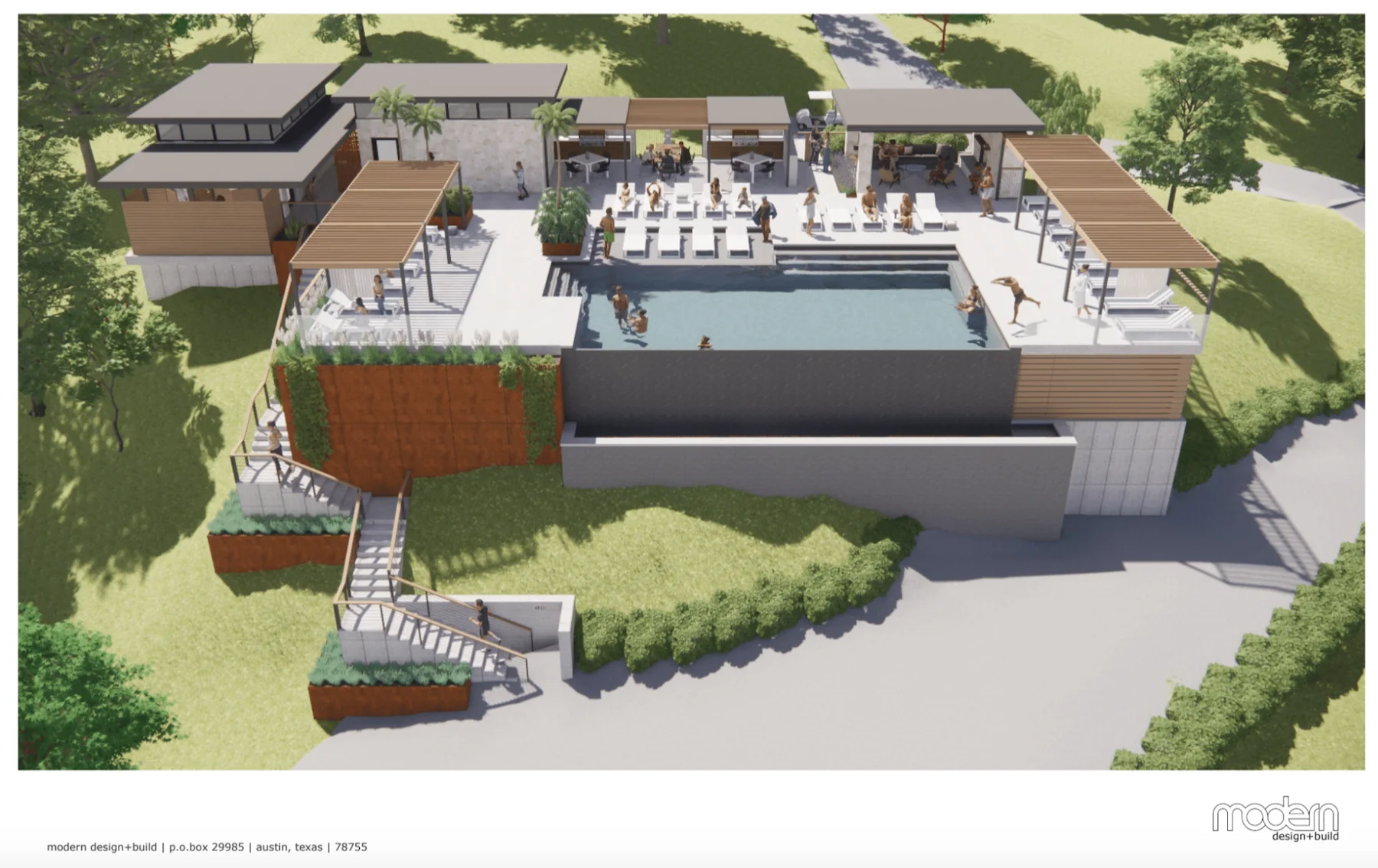 Aerial 3D rendering of a hillside resort-style pool complex with cabanas, lounge decks and pavilions