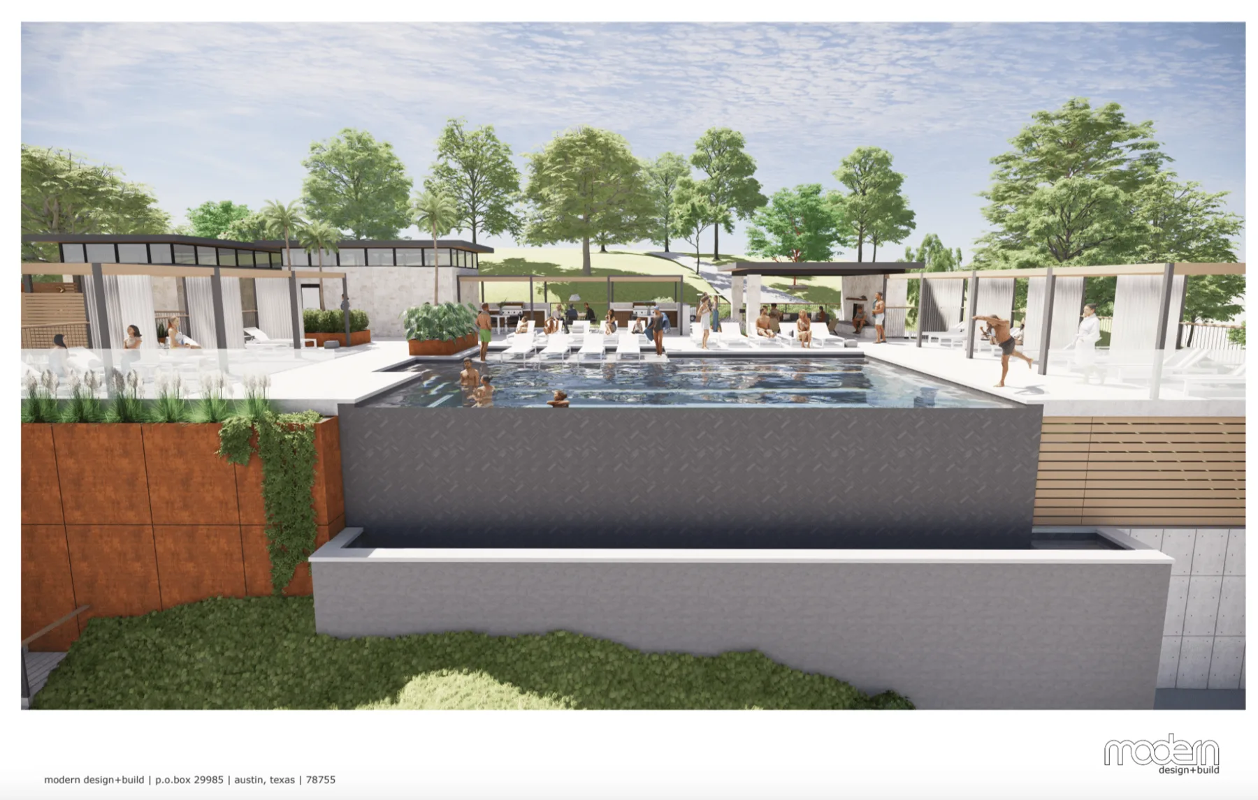 3D rendering of a raised infinity-edge pool above a stone wall, with a clubhouse and trees beyond