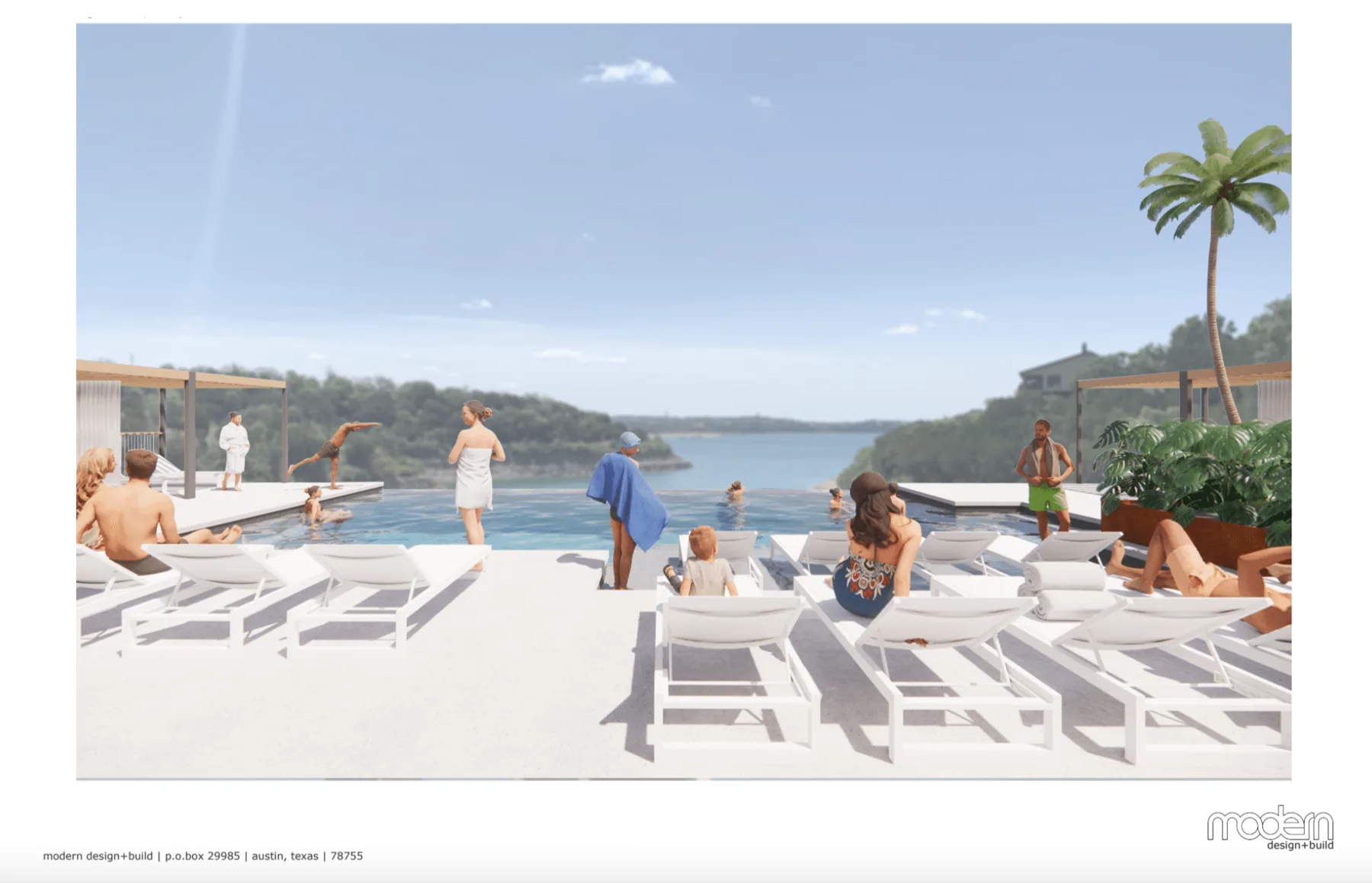3D rendering of an infinity pool overlooking Lake Travis, with loungers and swimmers along the deck