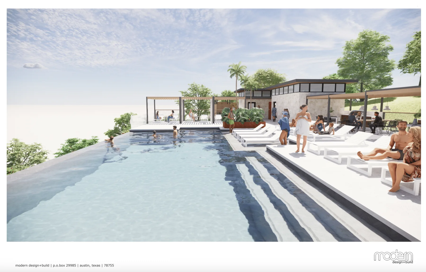 3D rendering of a long infinity pool with a sunken lounge deck, clubhouse and palms on a hillside