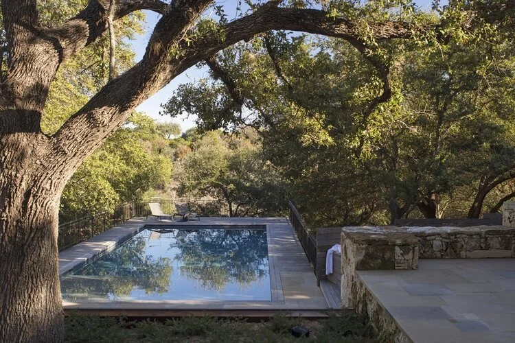 Reinforced gunite pool with sun ledge and water feature in Austin Texas