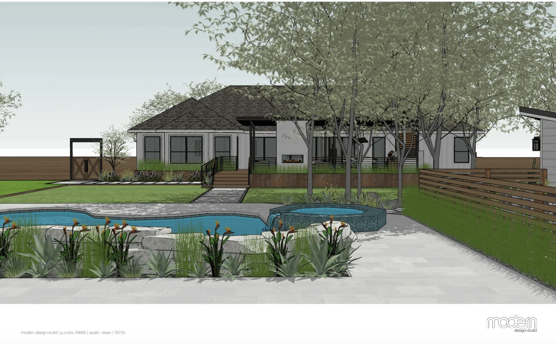 3D rendering of a freeform pool and raised spa with grasses and stepping stones behind a single-story home