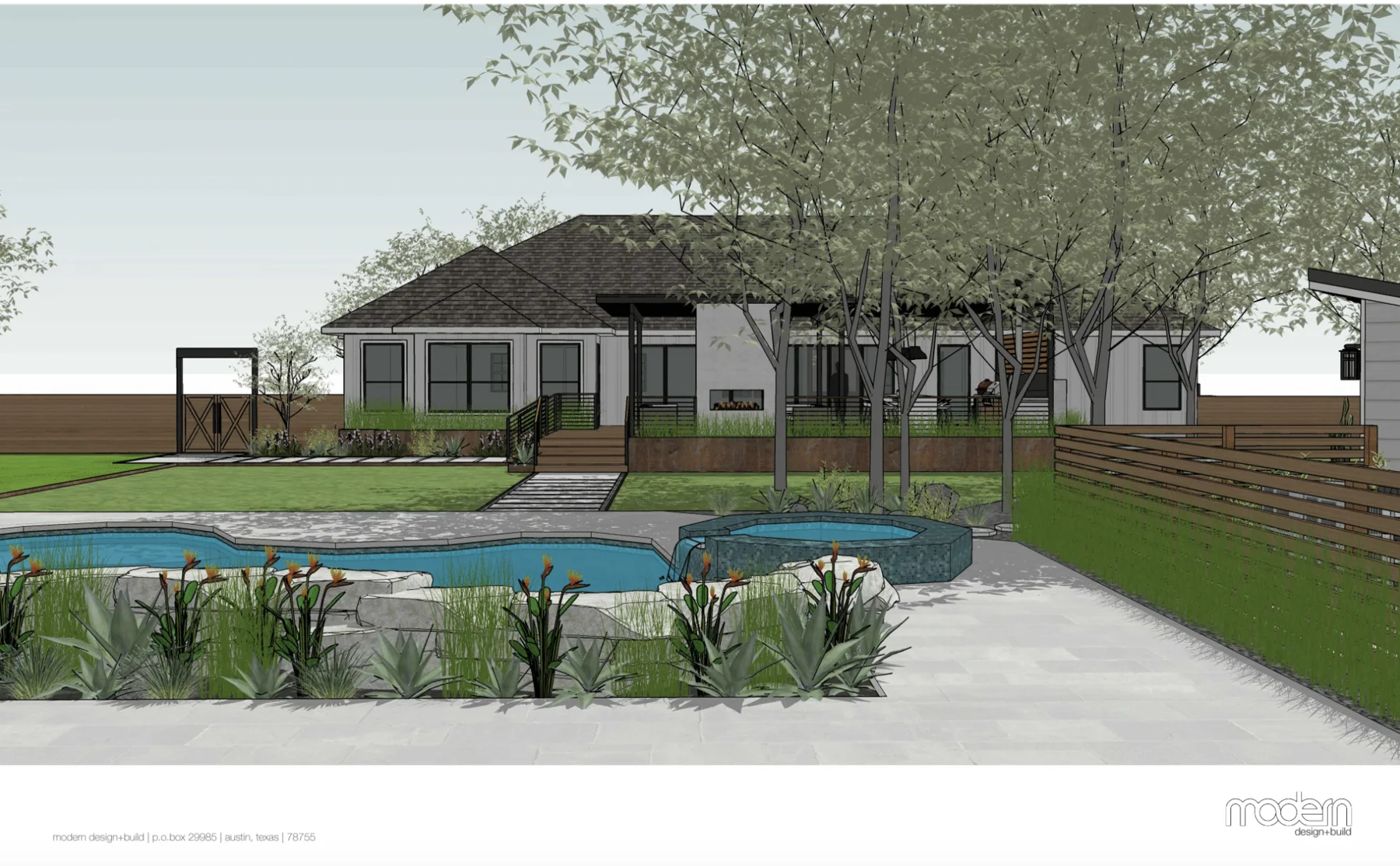 3D rendering of a freeform pool and raised spa with grasses and stepping stones behind a single-story home