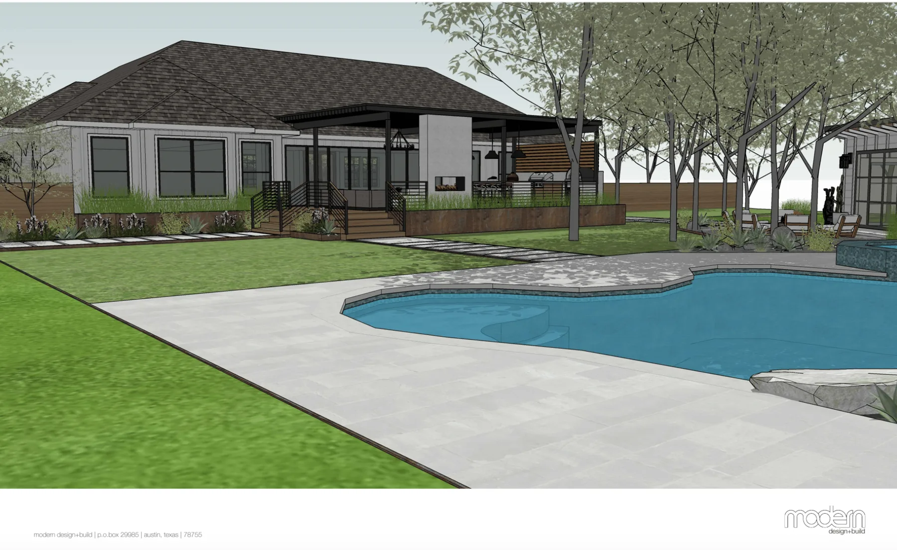3D rendering of a freeform pool beside a covered patio and lawn at a single-story home