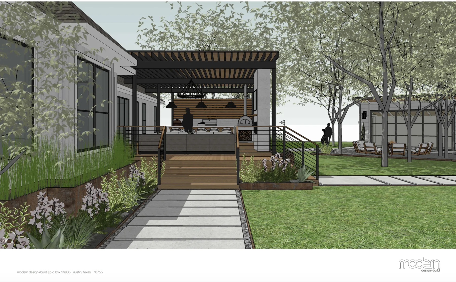 3D rendering of a covered outdoor kitchen and bar with a pergola, walkway and landscaped beds