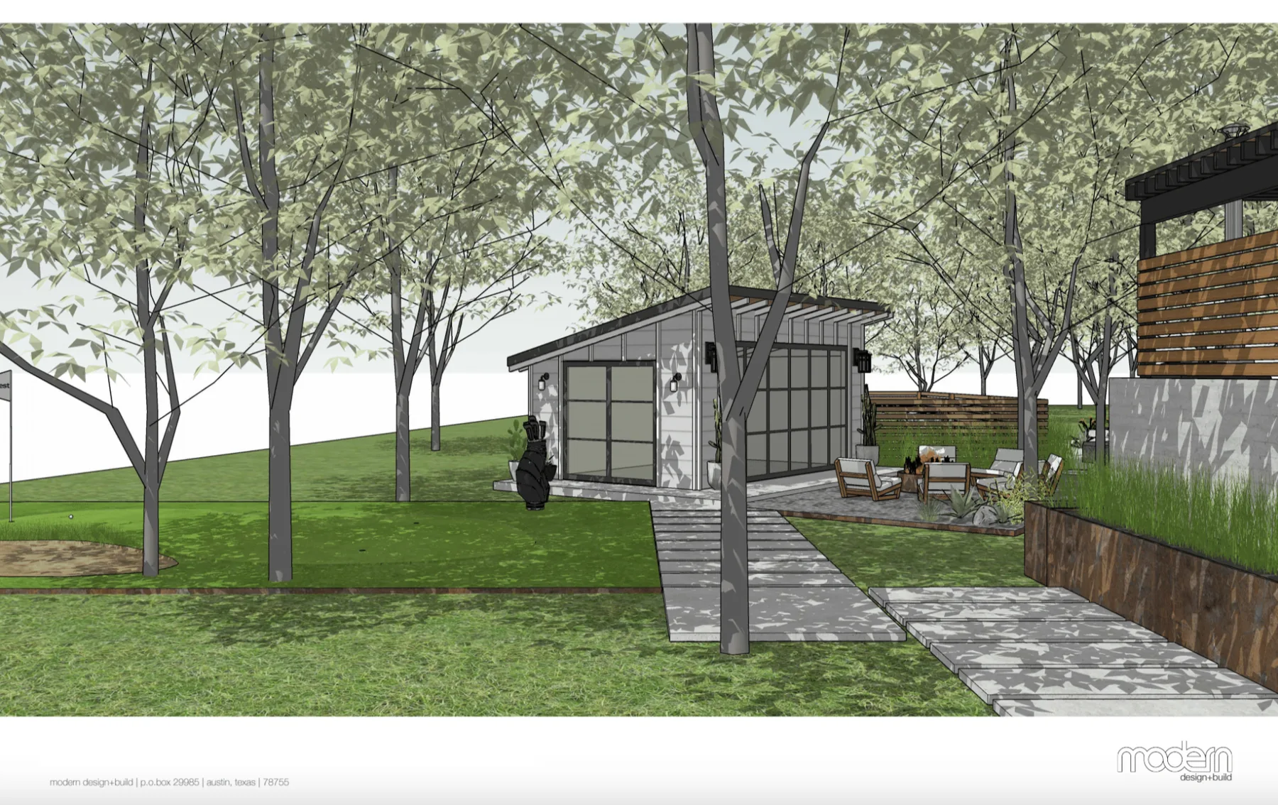 3D rendering of a raised pool with patterned tile, twin water spouts and a glass-walled pool house